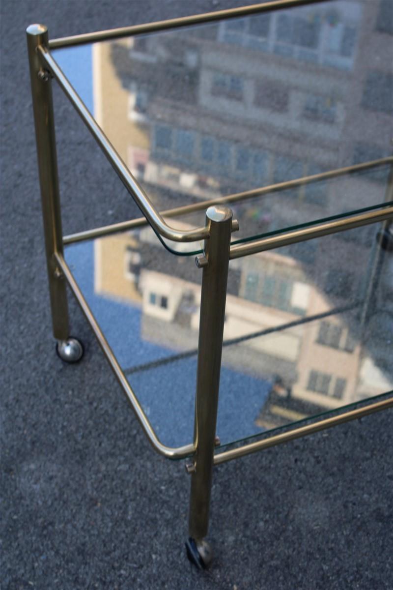 Late 20th Century Minimal Bar Cart Italian Design Gold Brass 1970s Glass Transparent Top For Sale