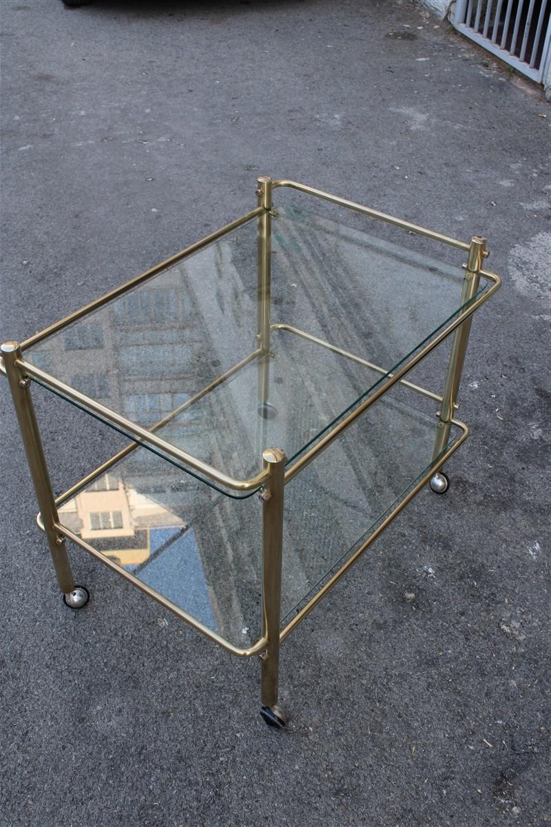 Minimal Bar Cart Italian Design Gold Brass 1970s Glass Transparent Top For Sale 1