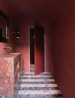 Salle de bain Minimal Double Vanity / Sink in Red Travertine stone w/ Storage niches