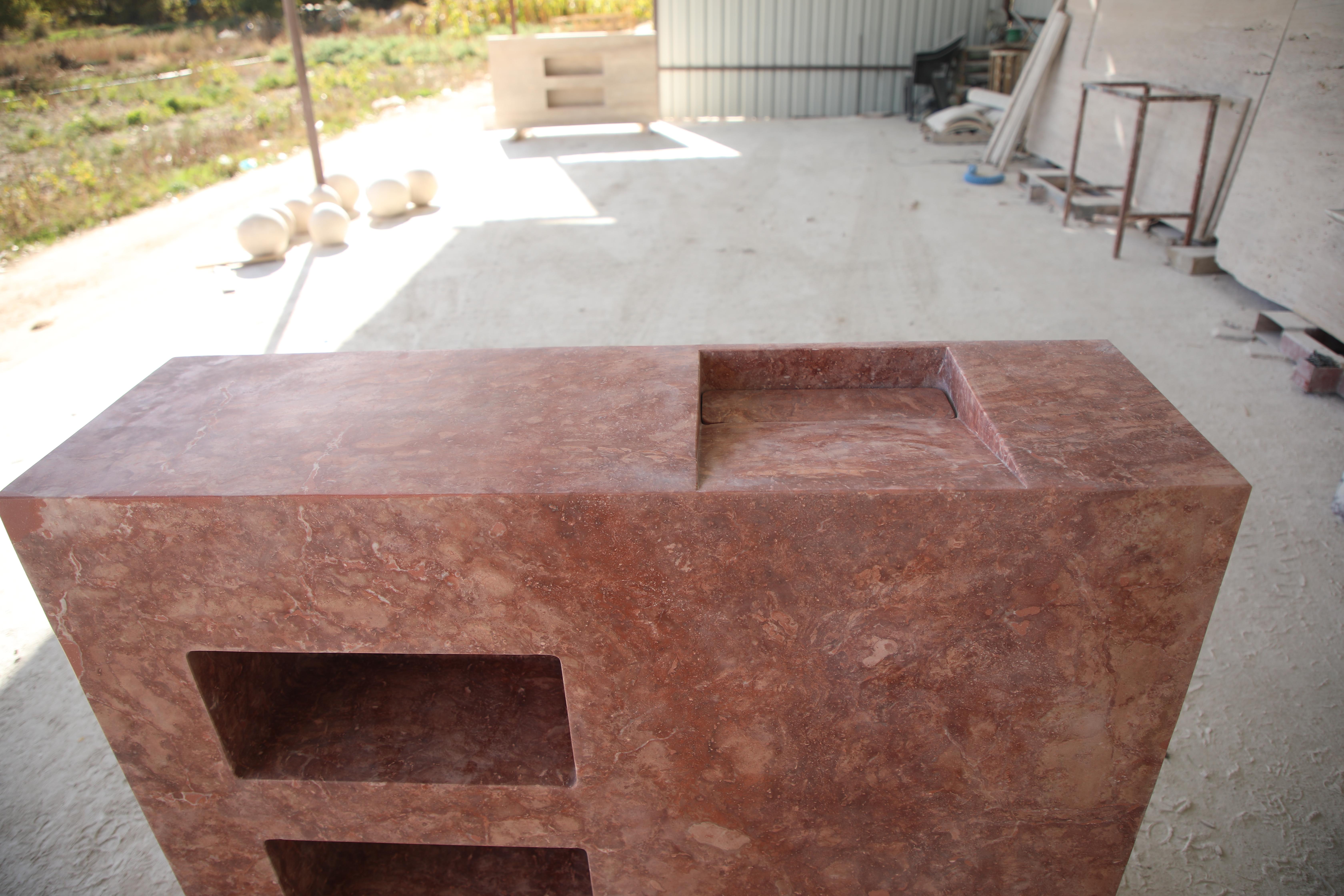 Contemporary Minimal Bathroom Double Vanity / Sink in Red Travertine stone w/ Storage niches For Sale