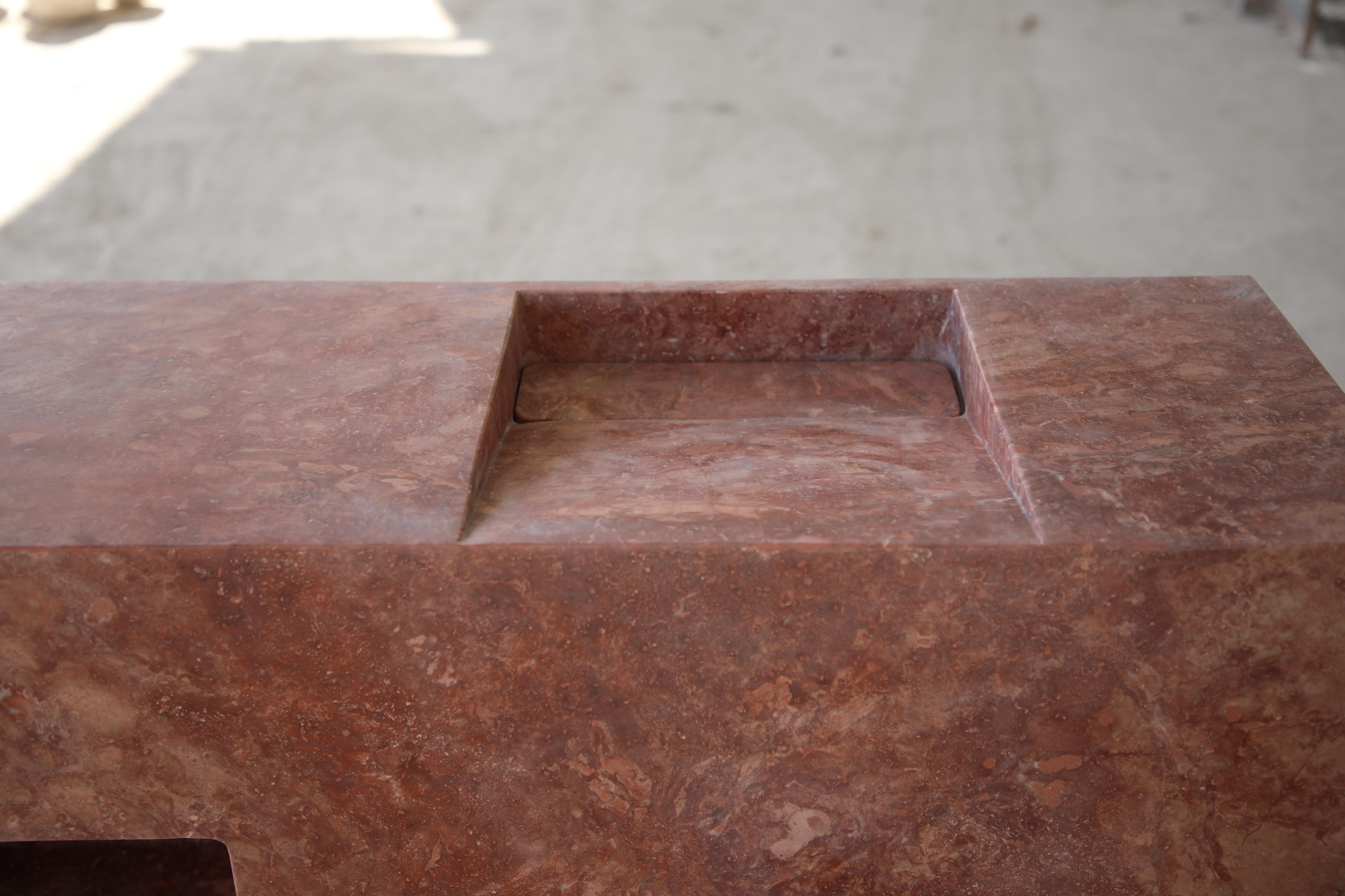 Stone Minimal Bathroom Double Vanity / Sink in Red Travertine stone w/ Storage niches For Sale