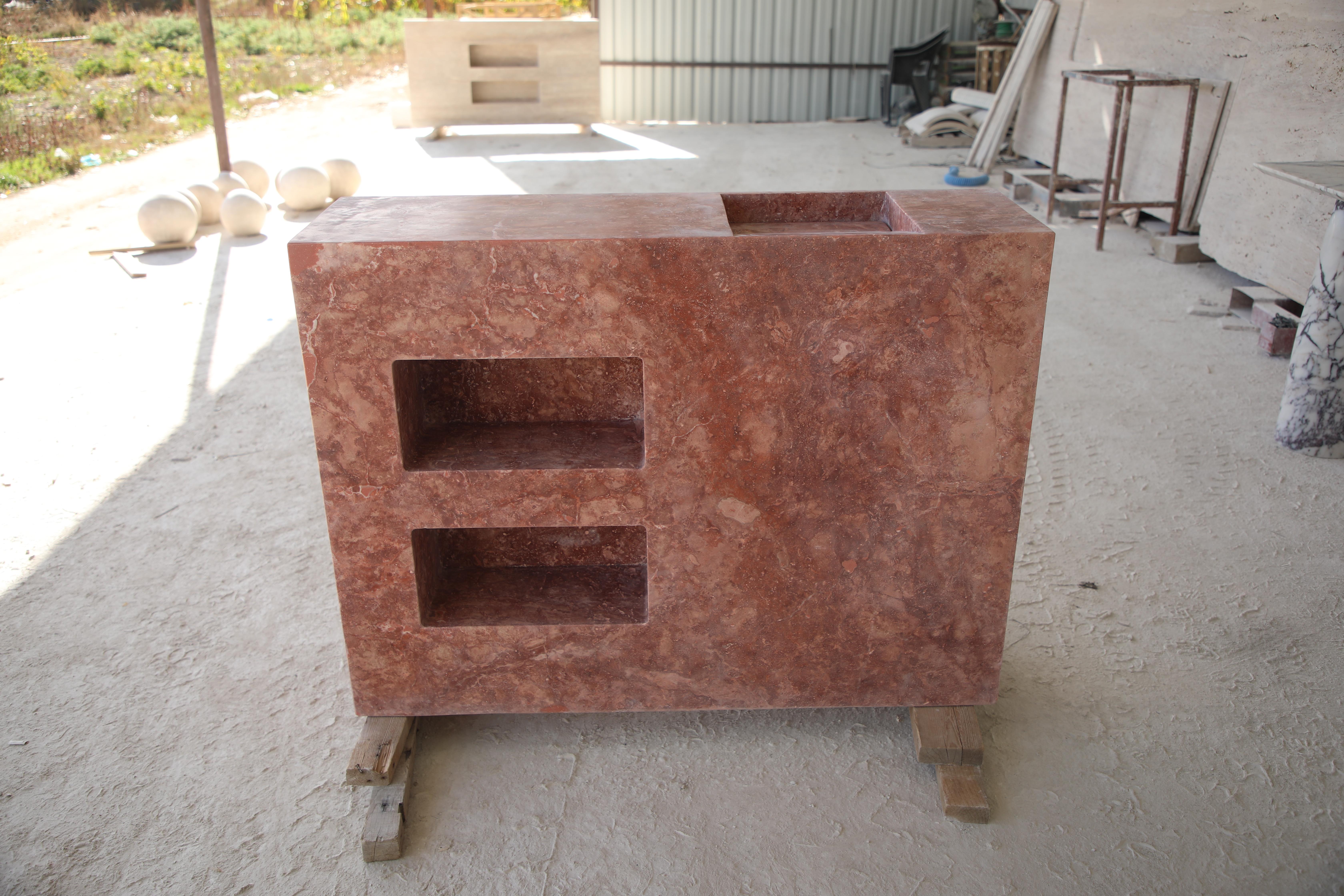 Minimal Bathroom Double Vanity / Sink in Red Travertine stone w/ Storage niches For Sale 1