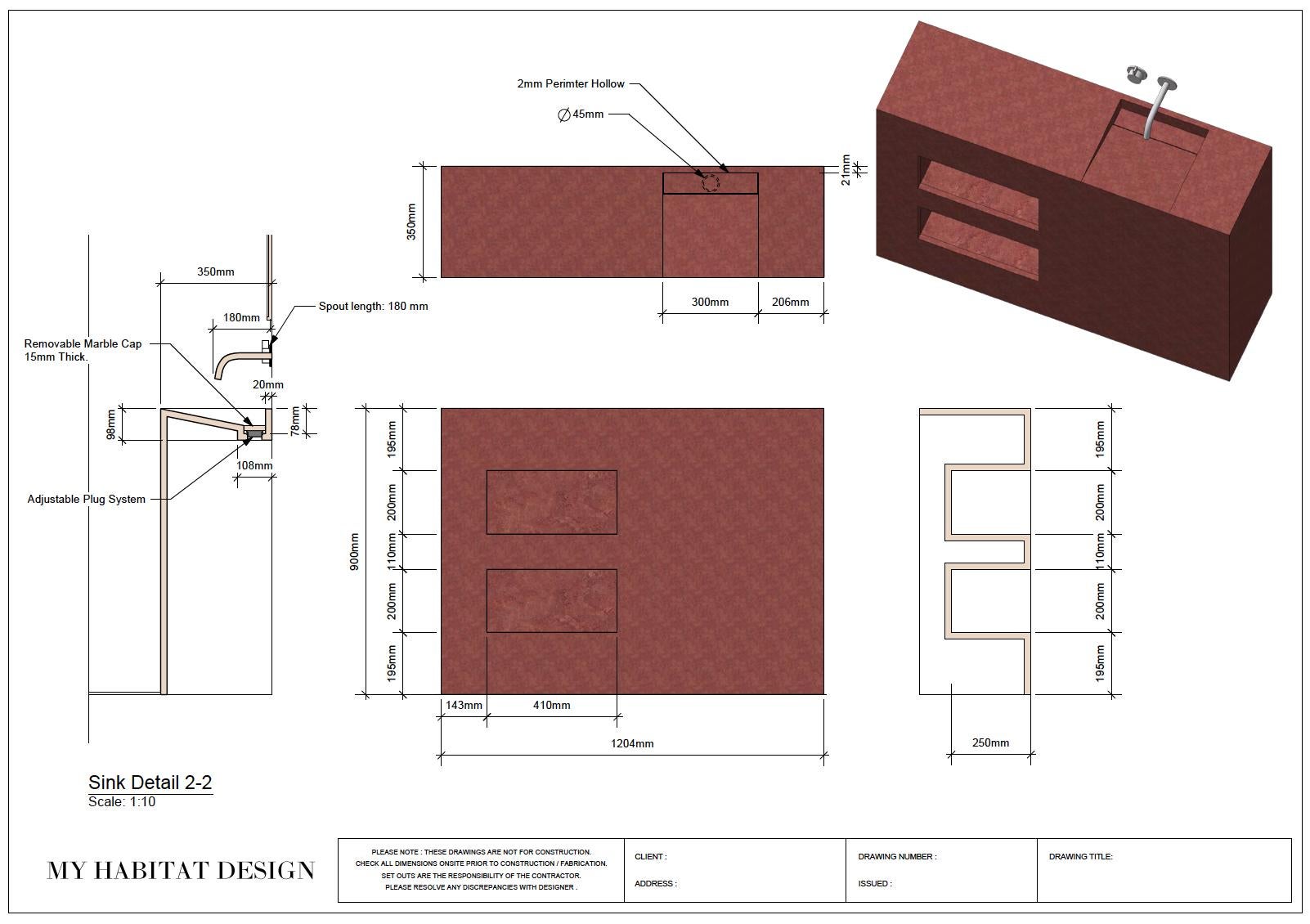 Minimal Bathroom Double Vanity / Sink in Red Travertine stone w/ Storage niches For Sale 2