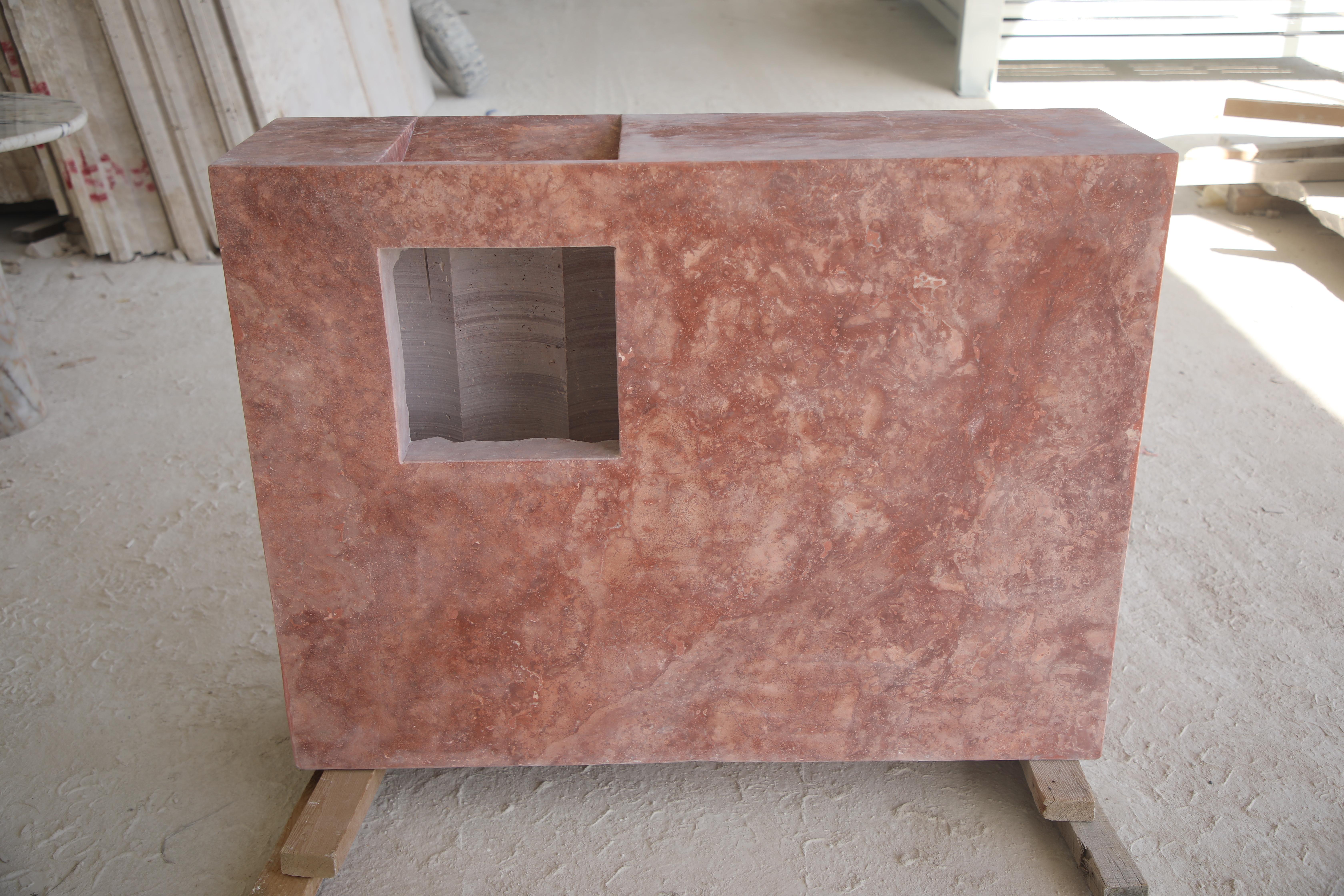 Minimal Bathroom Double Vanity / Sink in Red Travertine stone w/ Storage niches For Sale 3