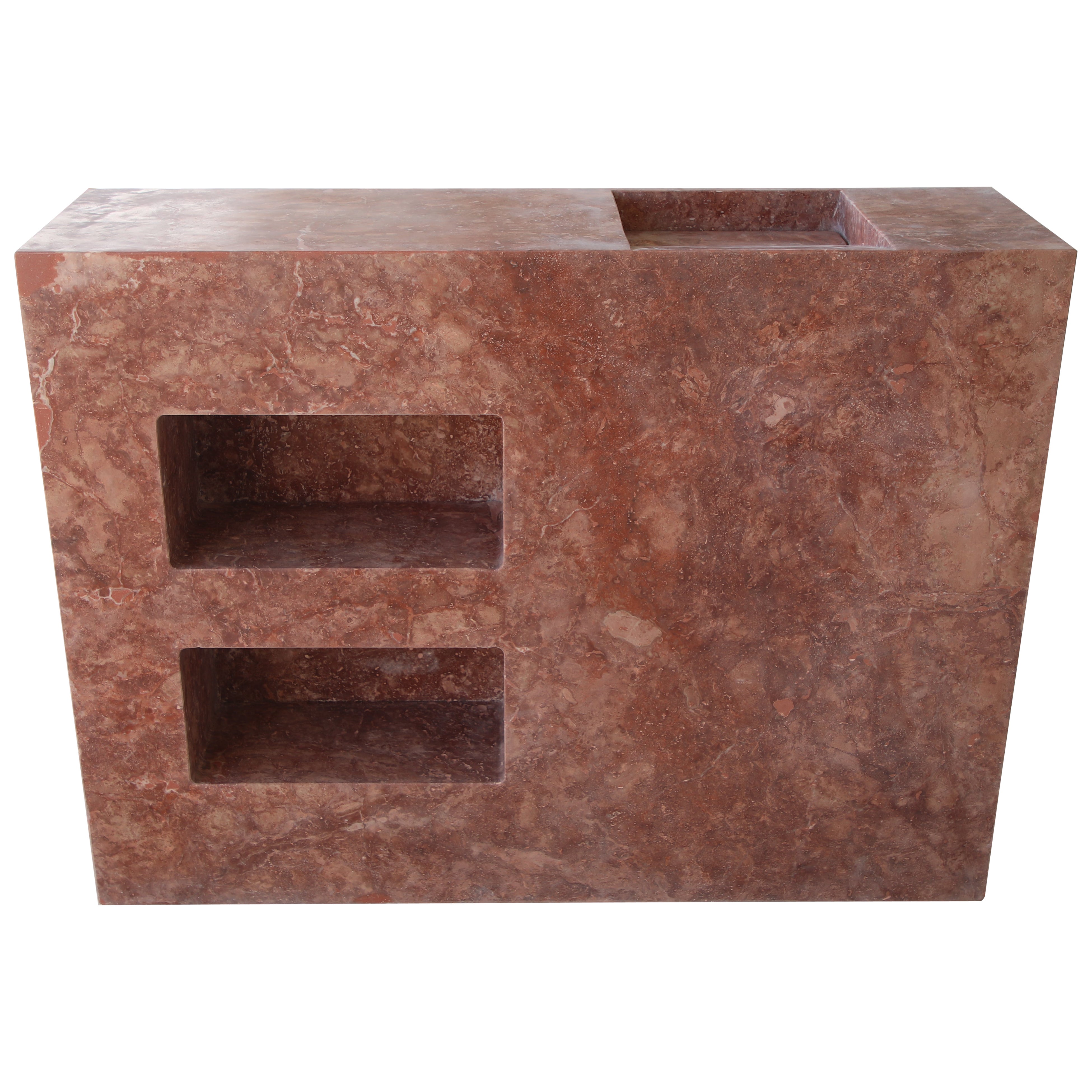 Minimal Bathroom Double Vanity / Sink in Red Travertine stone w/ Storage niches For Sale