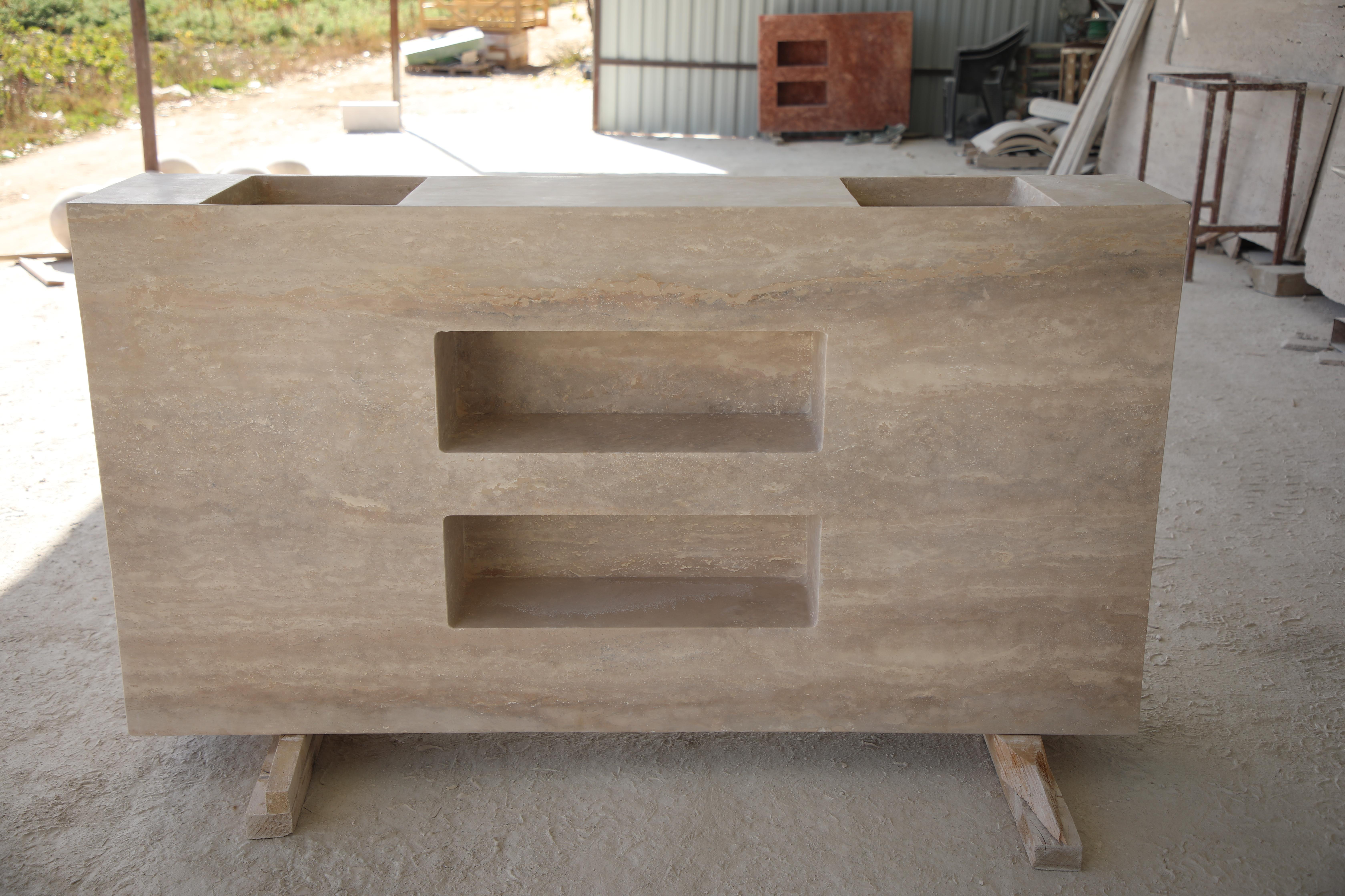 Minimal Bathroom Double Vanity / Sink in Travertine stone - with Storage niches In New Condition For Sale In Amsterdam, NH