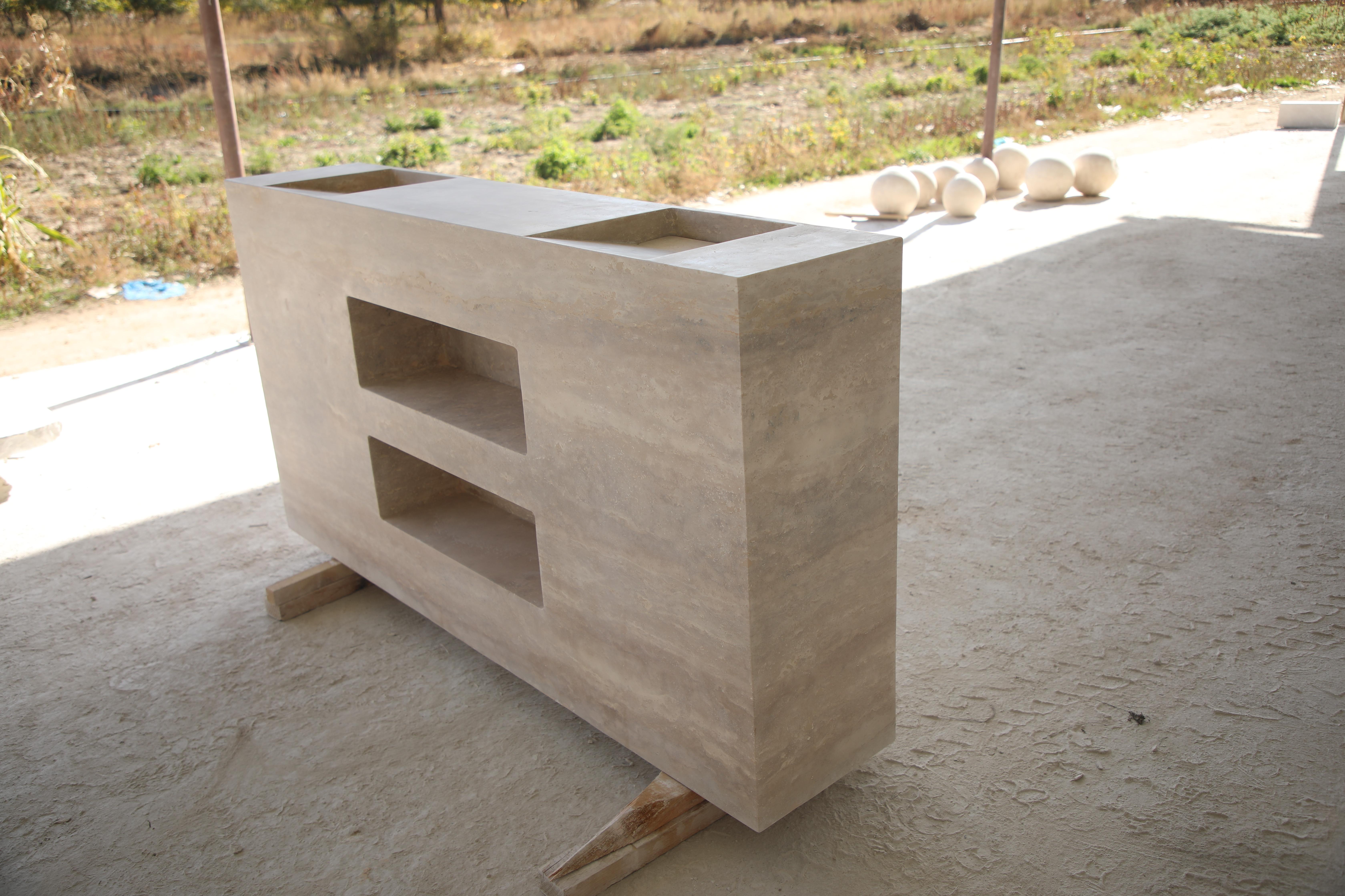 Contemporary Minimal Bathroom Double Vanity / Sink in Travertine stone - with Storage niches For Sale