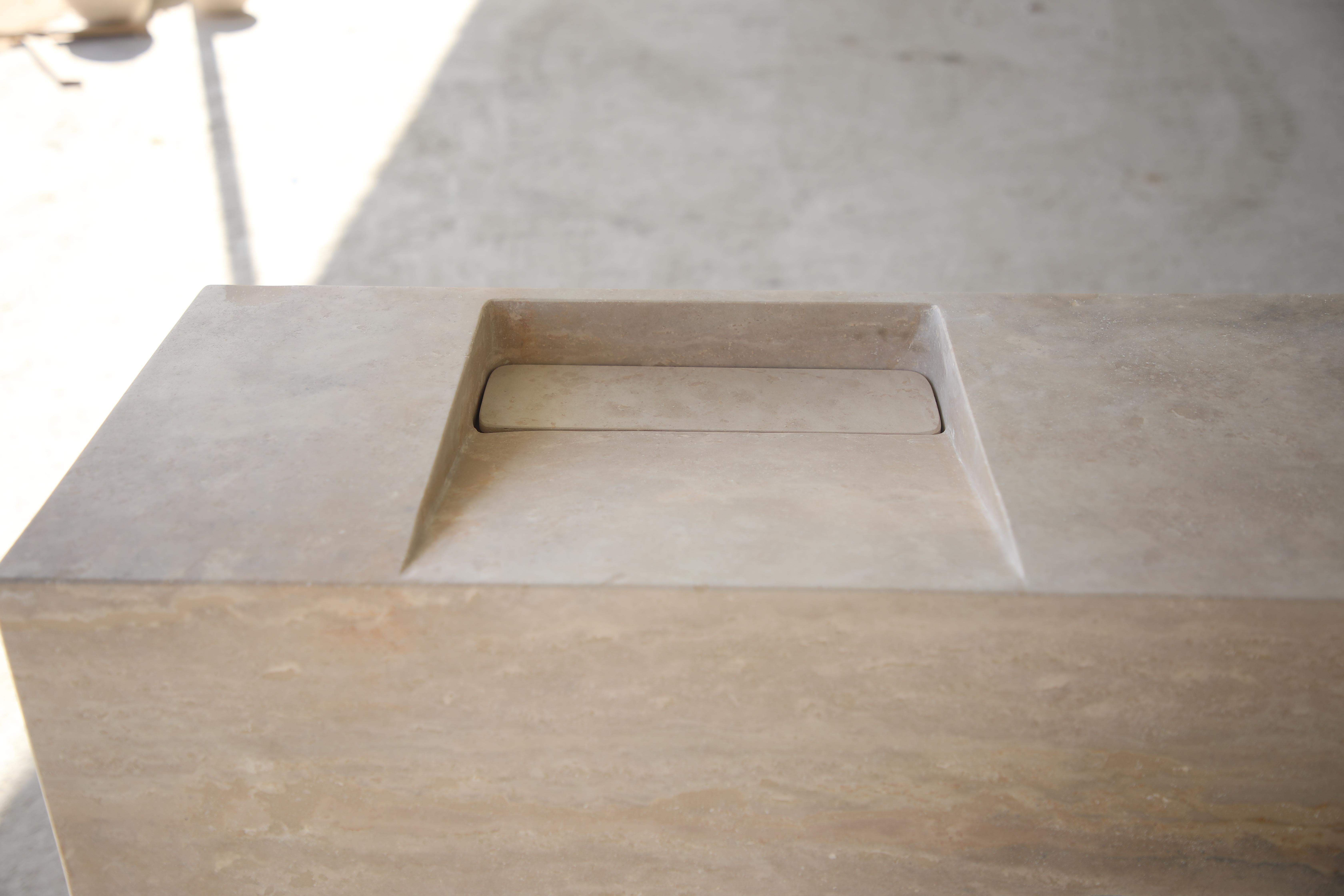 Stone Minimal Bathroom Double Vanity / Sink in Travertine stone - with Storage niches For Sale