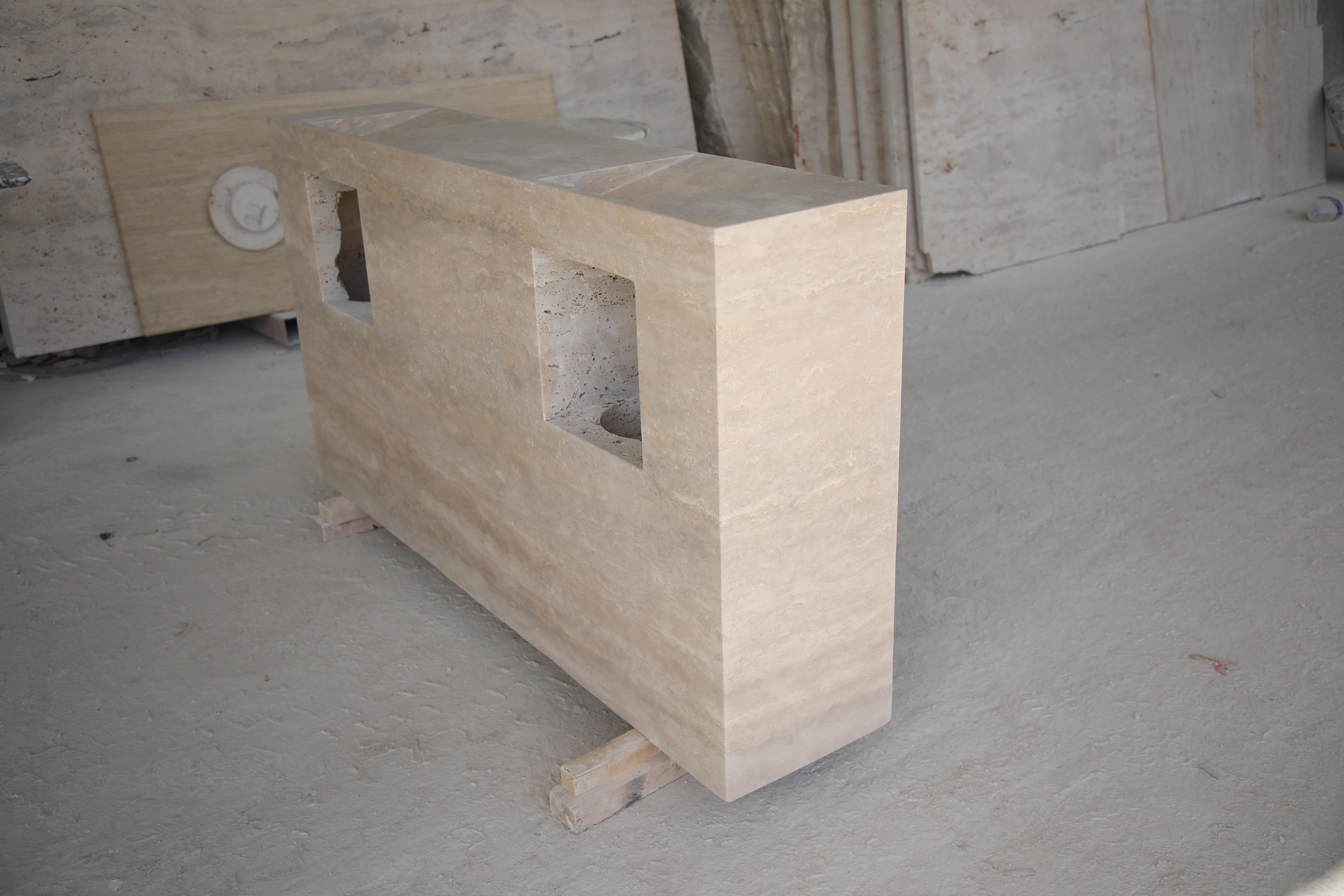 Minimal Bathroom Double Vanity / Sink in Travertine stone - with Storage niches For Sale 1