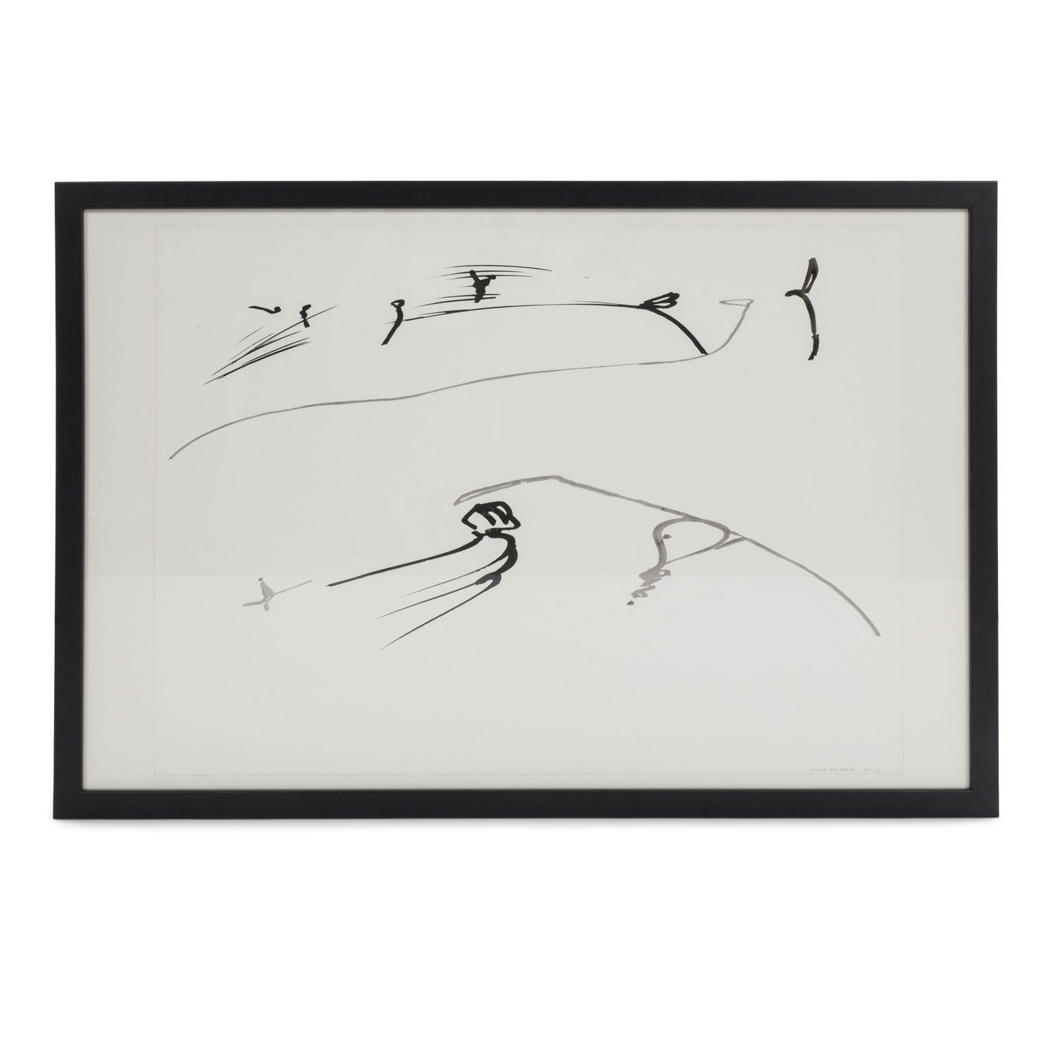 Minimalistic black-and-white abstract gestural ink-on-paper by Philip Renteria (1947-1998), 1976. Untitled brush and ink on paper, hand-signed by artist and newly-framed float-mounted within black metal frame. Two paintings available. Sold