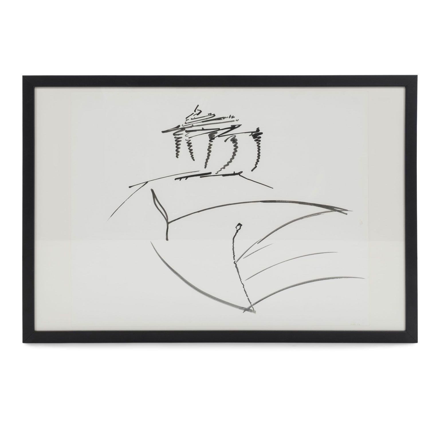 Minimal Black-and-white Abstract Gestural Ink-on-paper by Philip Renteria '1976' In Fair Condition For Sale In Houston, TX