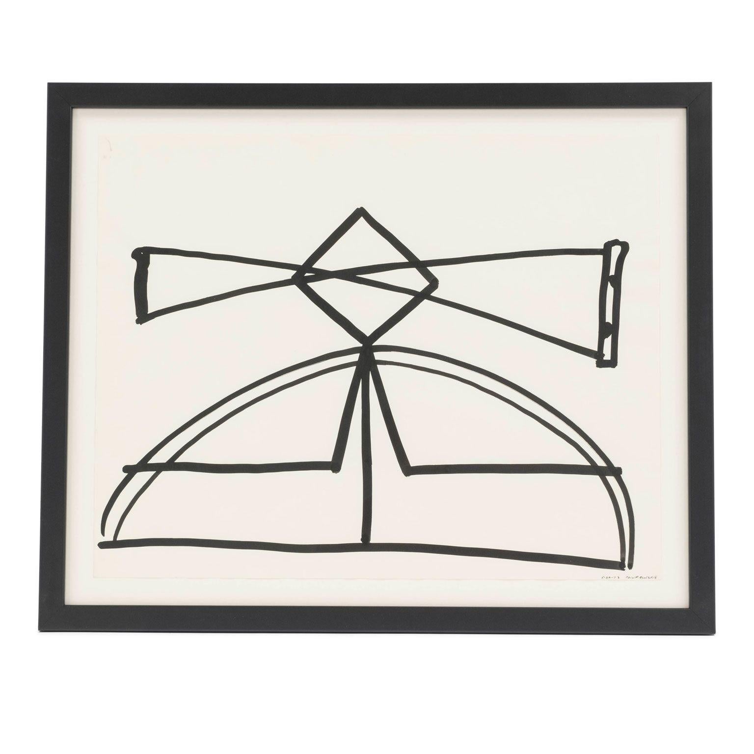 Minimalistic black-and-white abstract ink-on-paper by Philip Renteria (1947-1998), 1973. Untitled brush and ink on paper, both dated and one hand-signed by artist. Newly-framed, float-mounted within black metal frame over a linen backing. Two