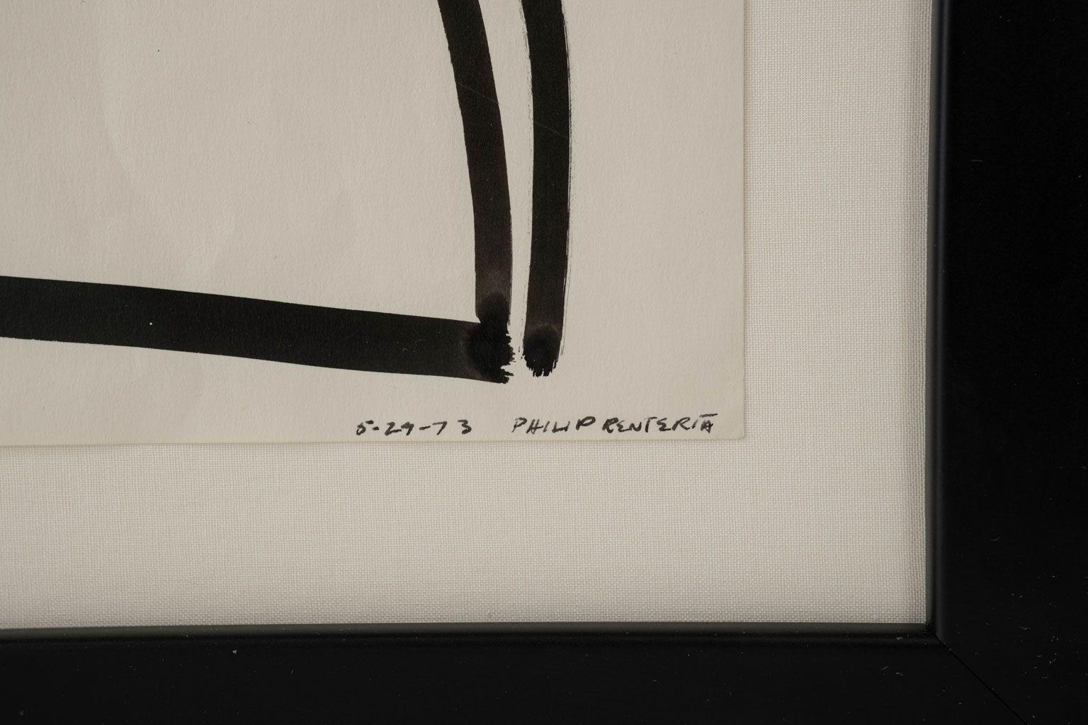 Peint à la main Encre sur papier abstraite noire et blanche minimaliste de Philip Renteria (1973) en vente