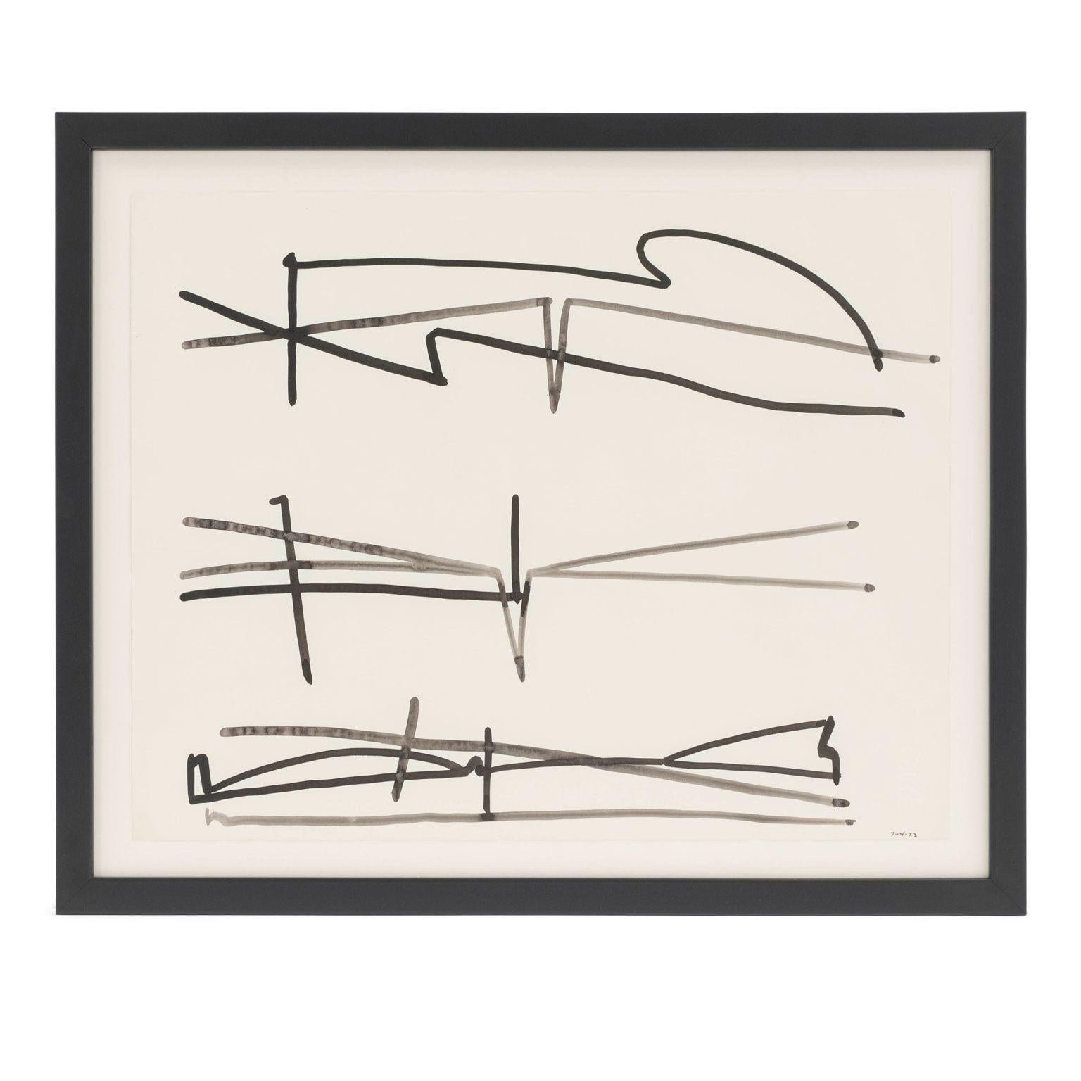 Minimal Black-and-White Abstract Ink-on-Paper by Philip Renteria (1973) In Fair Condition In Houston, TX