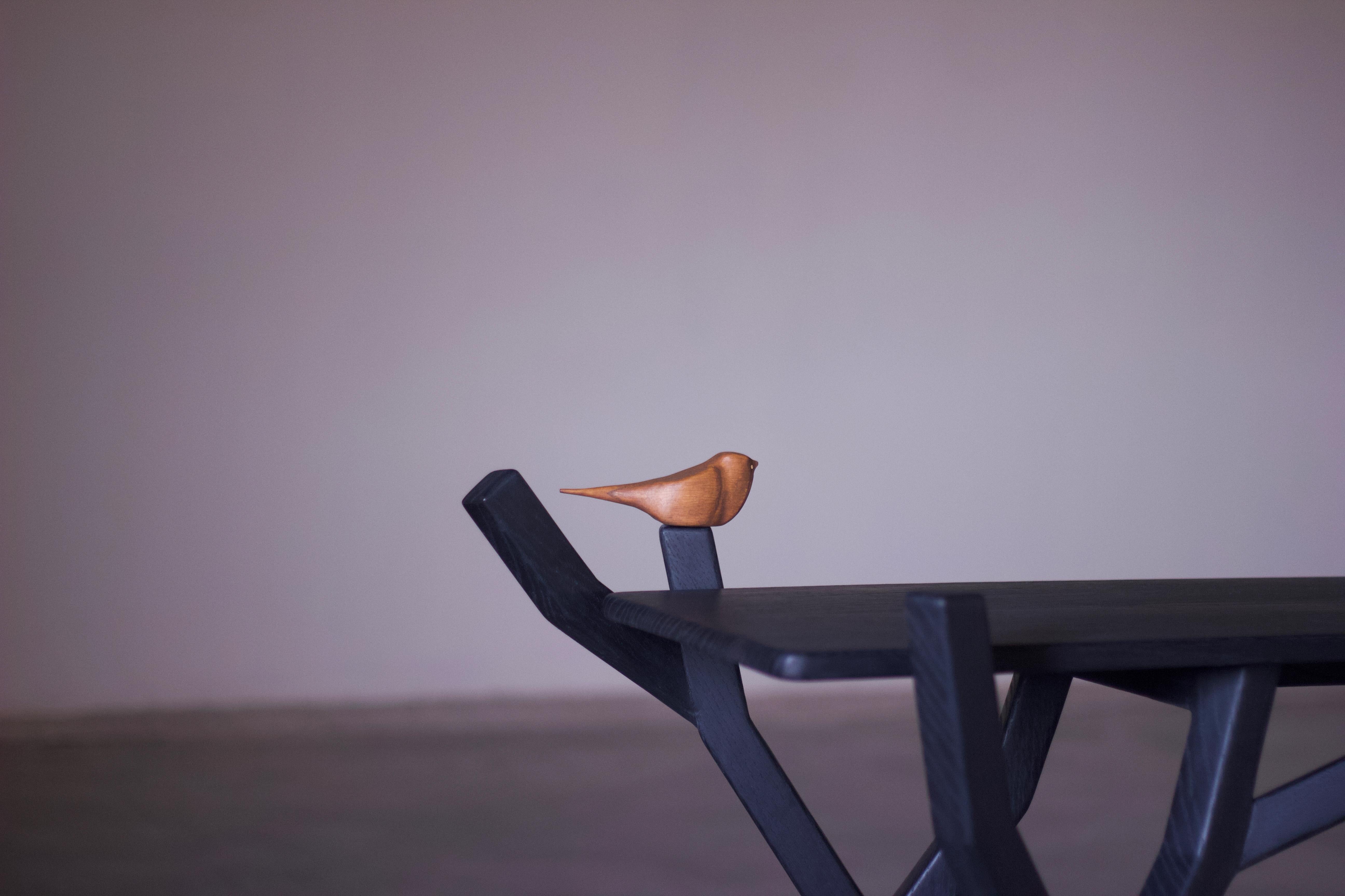 Indian Minimal Black Solid wood Statement Console Table with Birds by Esvee Atelier For Sale