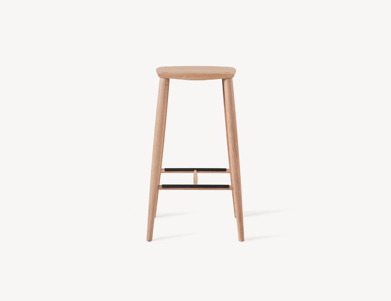 Oak Minimal Black Bar Stool with Brass Foot Rests by Coolican & Company For Sale