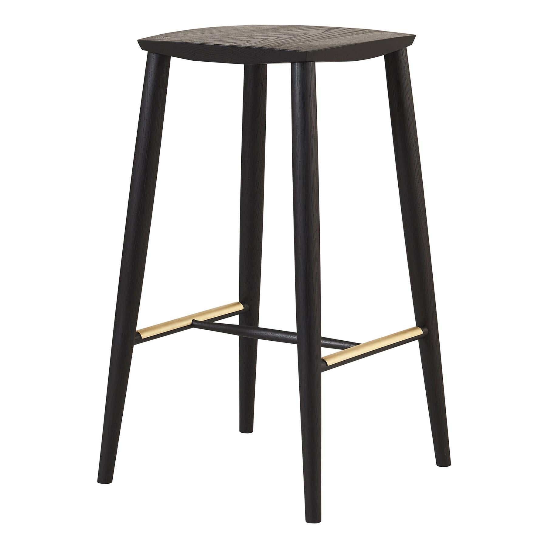 Minimal Black Bar Stool with Brass Foot Rests by Coolican & Company
