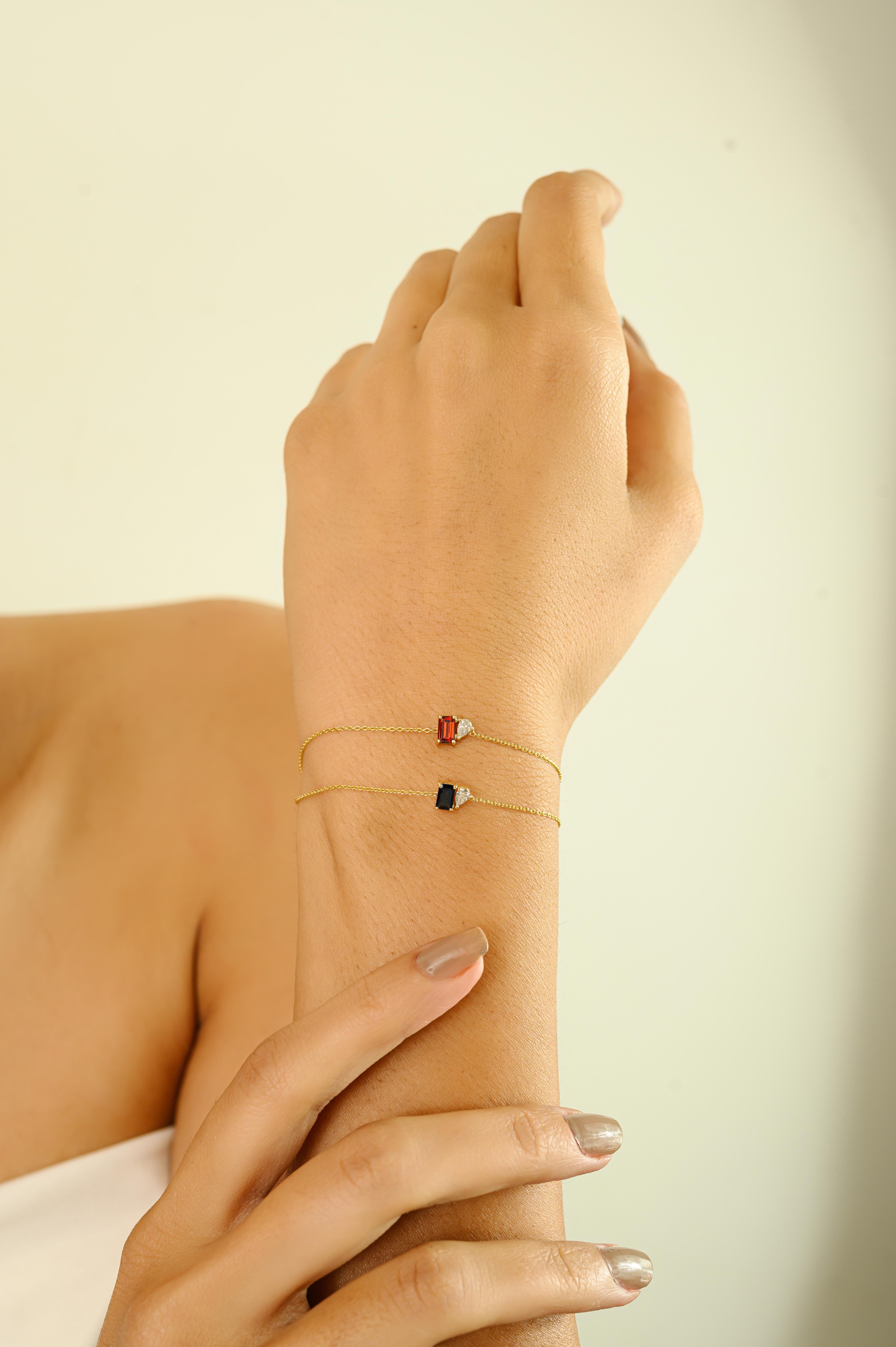 Baguette Cut Minimal Blue Sapphire with Diamond Chain Bracelet in 14k Yellow Gold for Her For Sale