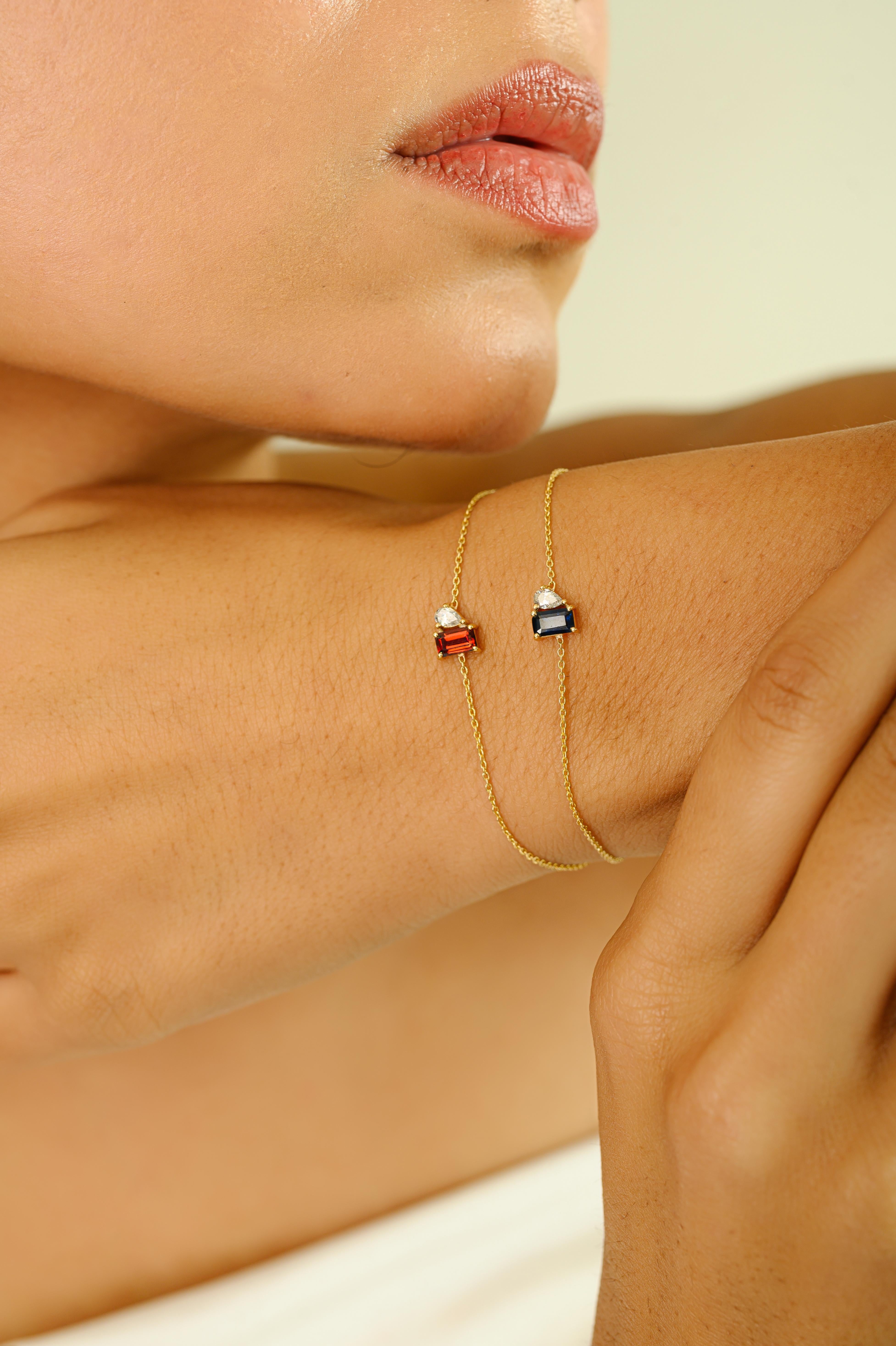 Women's Minimal Blue Sapphire with Diamond Chain Bracelet in 14k Yellow Gold for Her For Sale