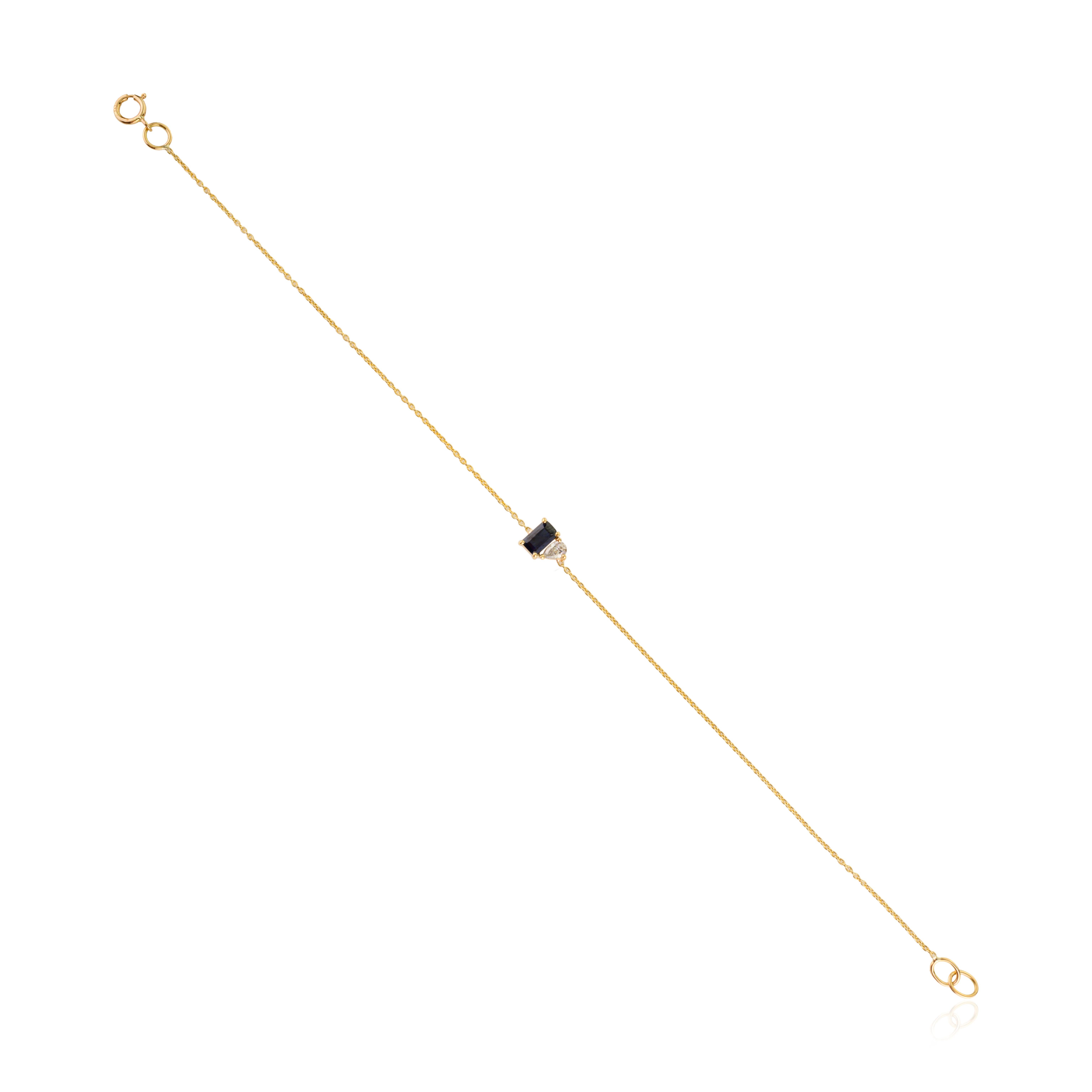 Minimal Blue Sapphire with Diamond Chain Bracelet in 14k Yellow Gold for Her For Sale 1