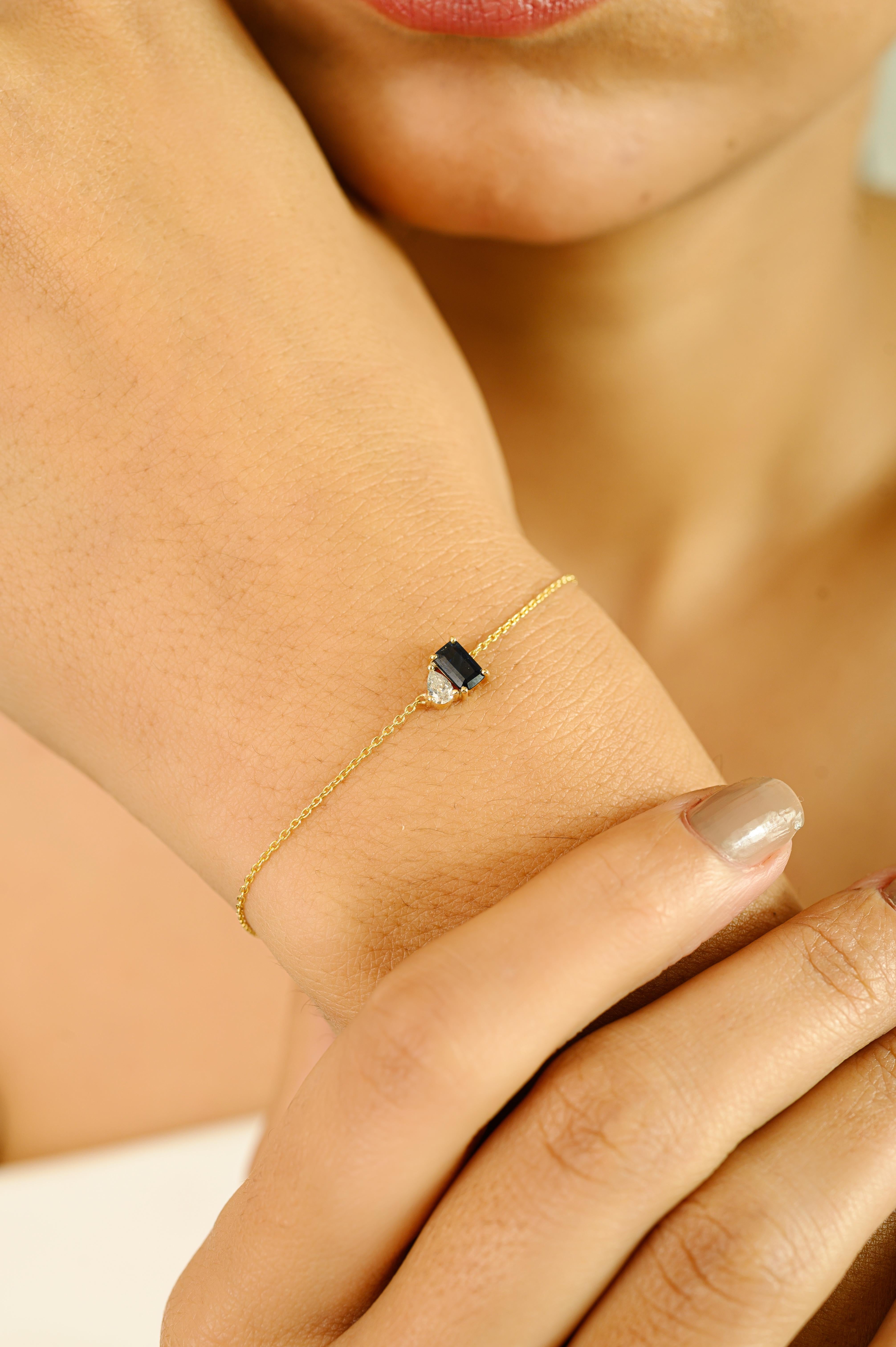 Minimal Blue Sapphire with Diamond Chain Bracelet in 14k Yellow Gold for Her For Sale 2