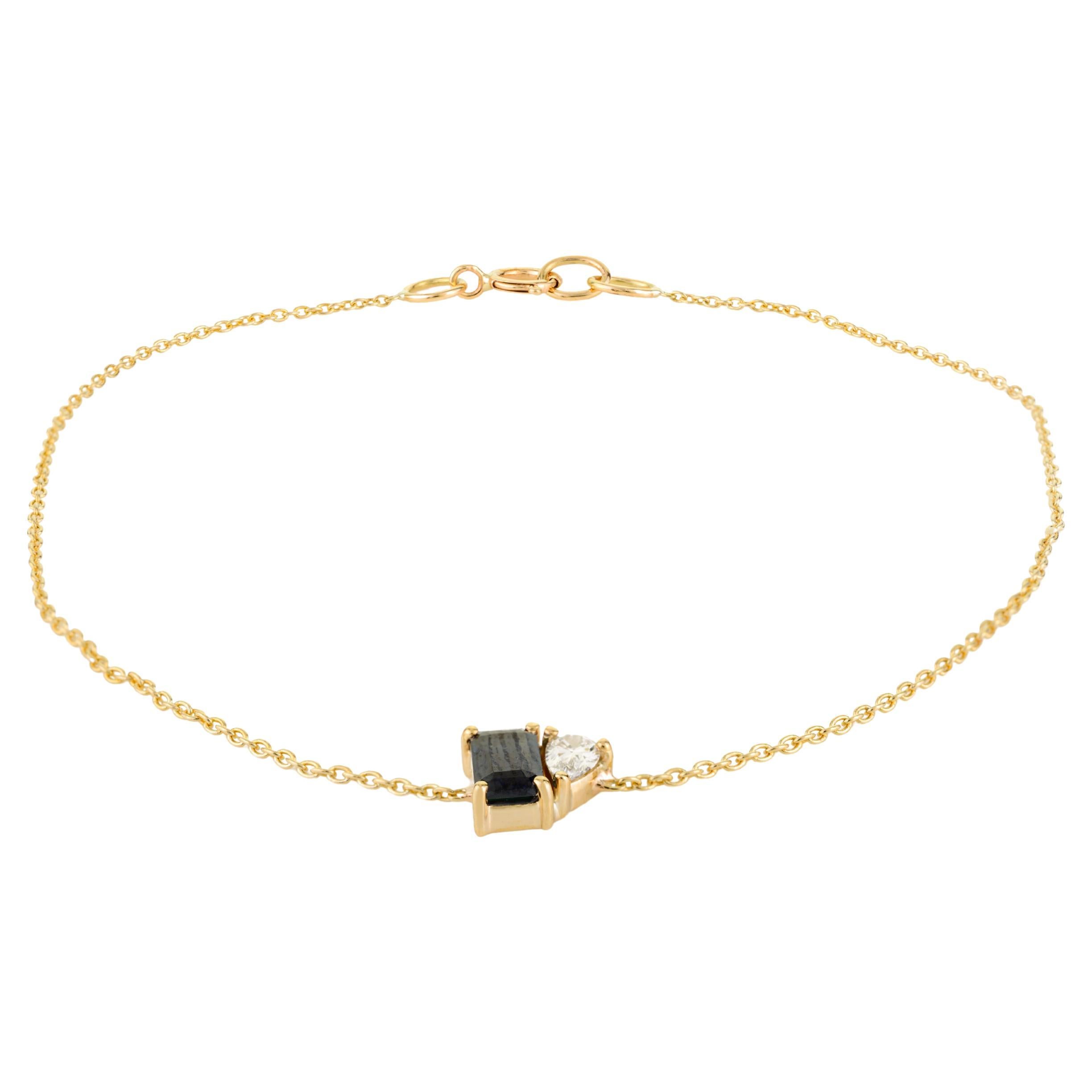 Minimal Blue Sapphire with Diamond Chain Bracelet in 14k Yellow Gold for Her For Sale