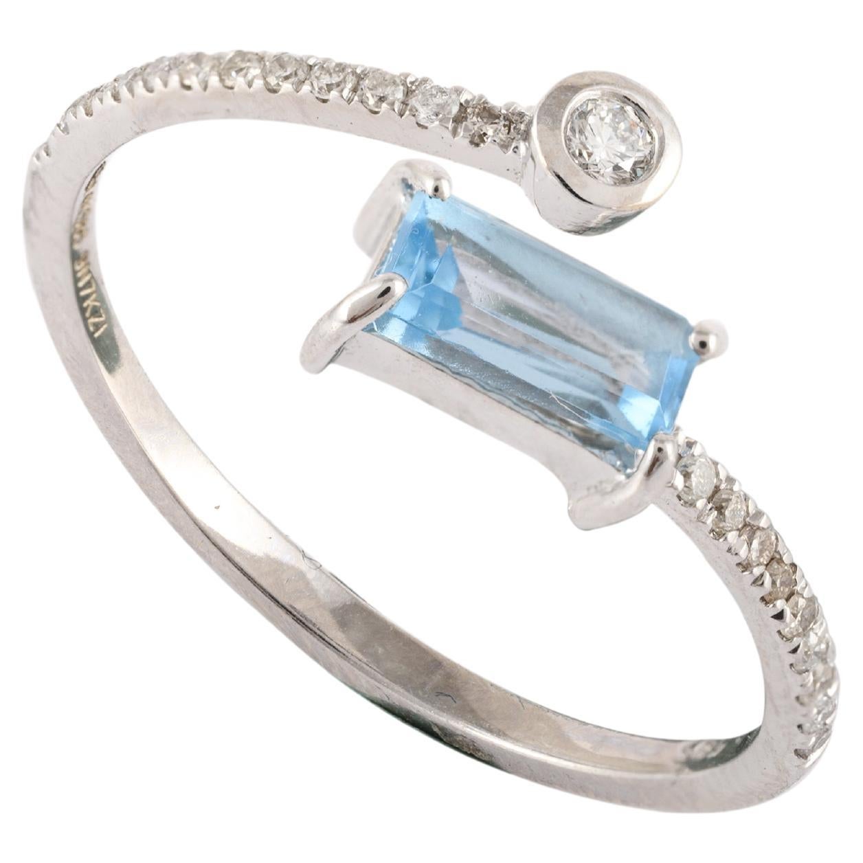 For Sale:  Blue Topaz and Diamond Wrap Ring For Her in 14kt Solid White Gold