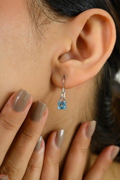 Minimal Blue Topaz Everyday Wear Hook Drop 925 Silver Earrings Gift for Her