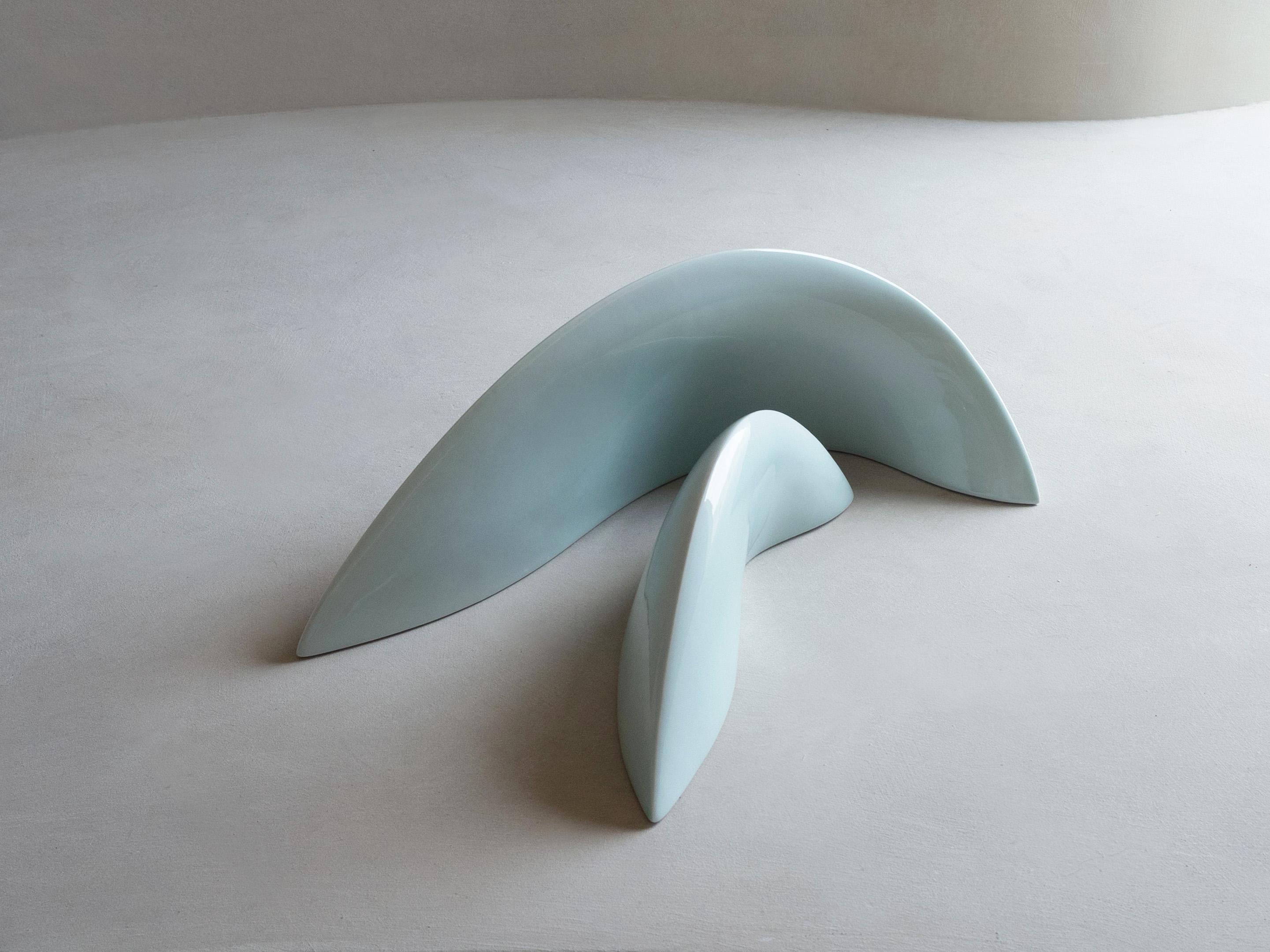 Cast Abstract Table Sculpture - Ceramic Celadon Sculpture Pair by Soo Joo For Sale
