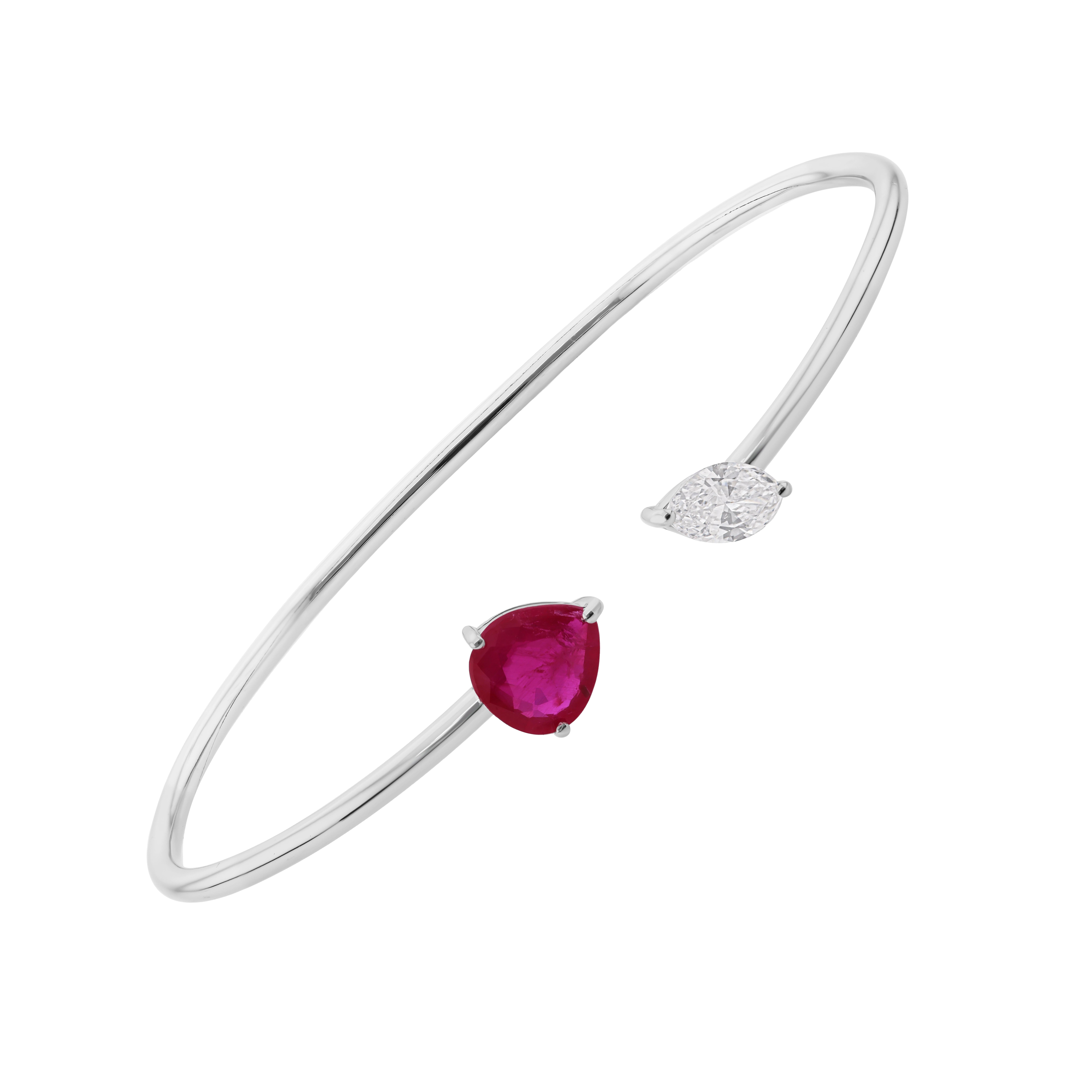 Brazalete abierto de oro blanco macizo de 14 quilates con diamante y rubí certificado mínimo
