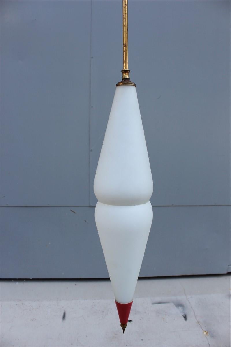 Minimal Chandelier Lantern Italian Design 1950s Midcentury Brass White Glass For Sale 3