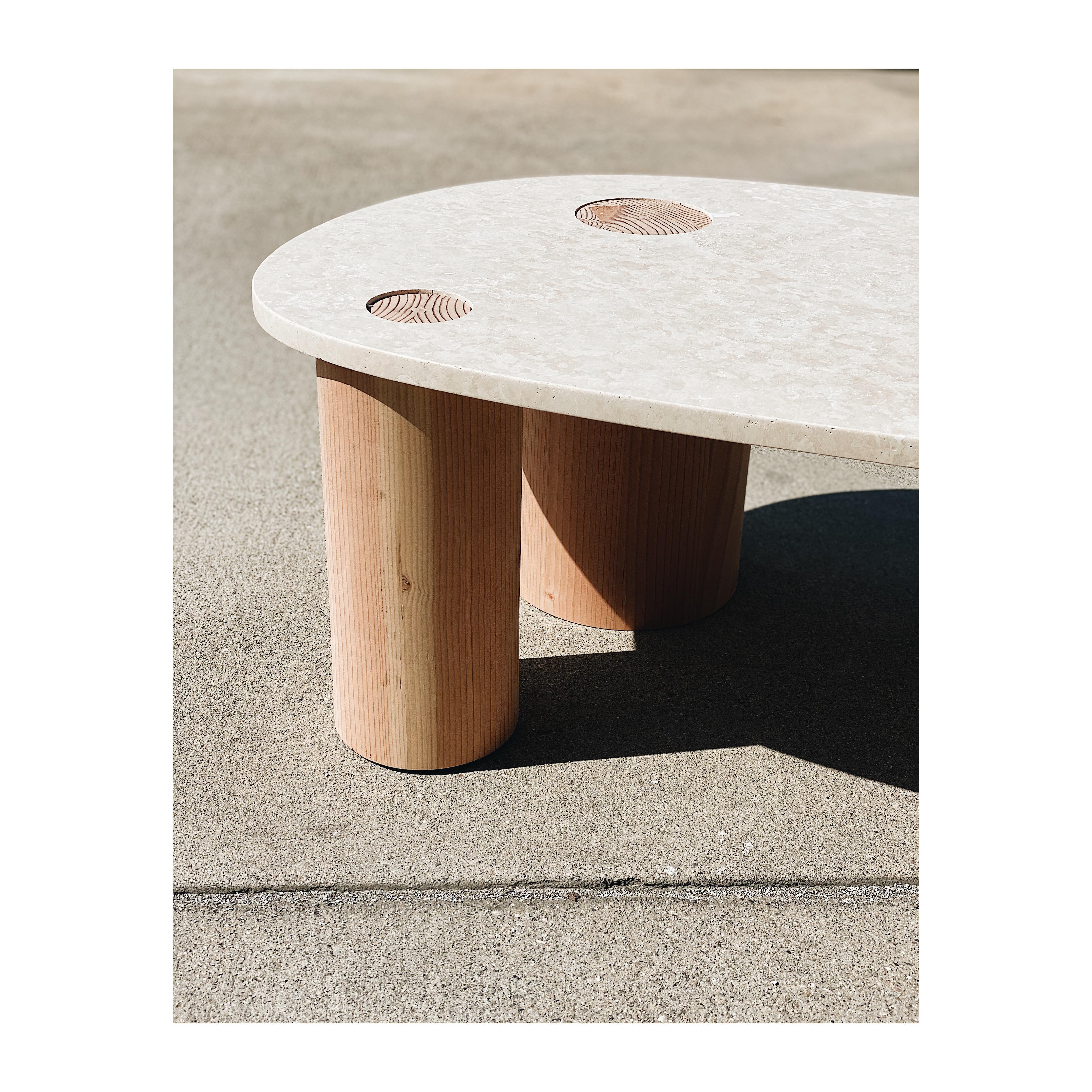 Modern Minimal Coffee Table in Travertine Stone and Turned Solid Wood For Sale