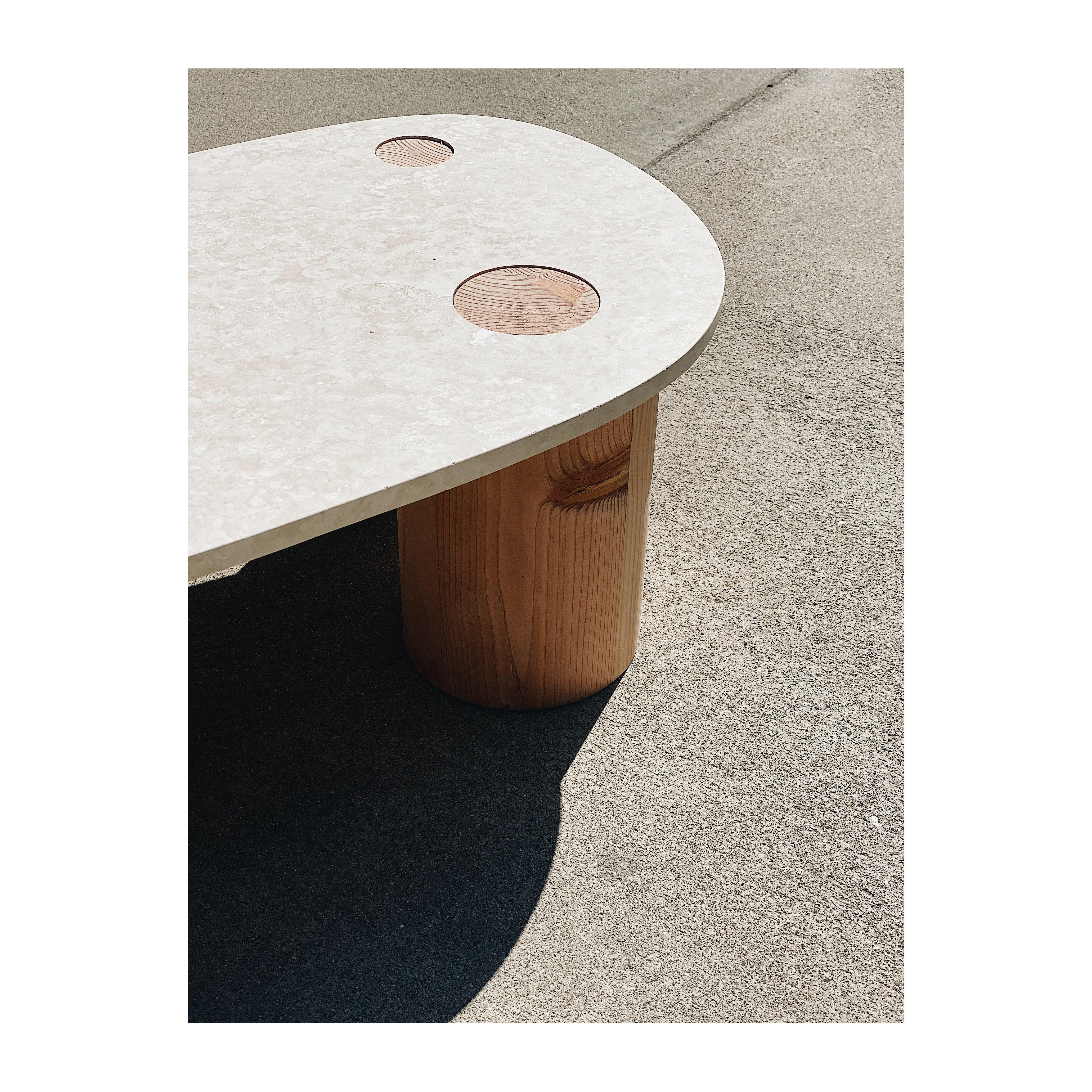 American Minimal Coffee Table in Travertine Stone and Turned Solid Wood For Sale