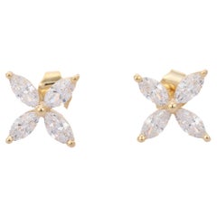 Minimal Cubic Zirconia Floral Pushback Studs Set in 14k Solid Yellow Gold