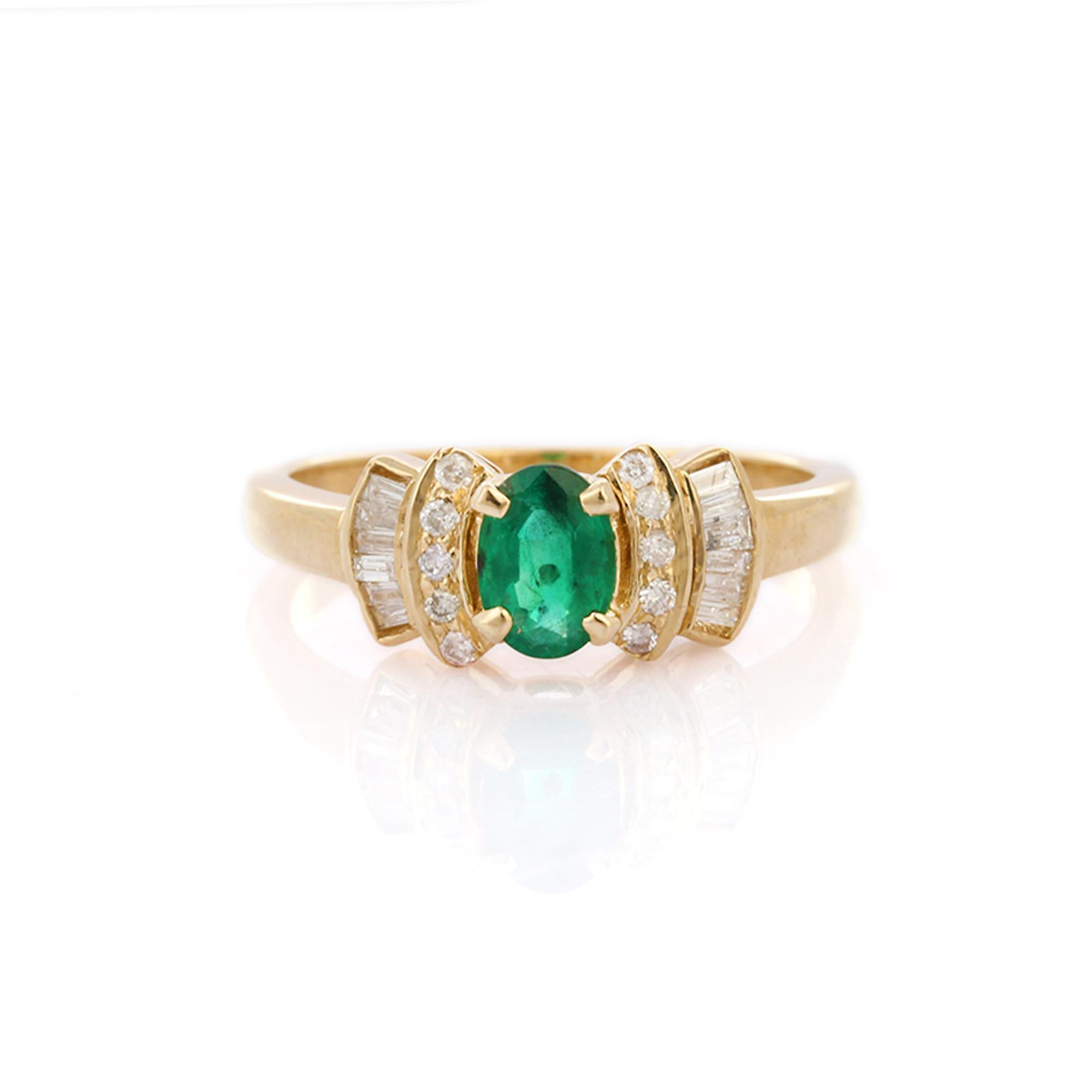 For Sale:  Vivid Green Emerald and Diamond Engagement Ring in 14K Yellow Gold for Her  7