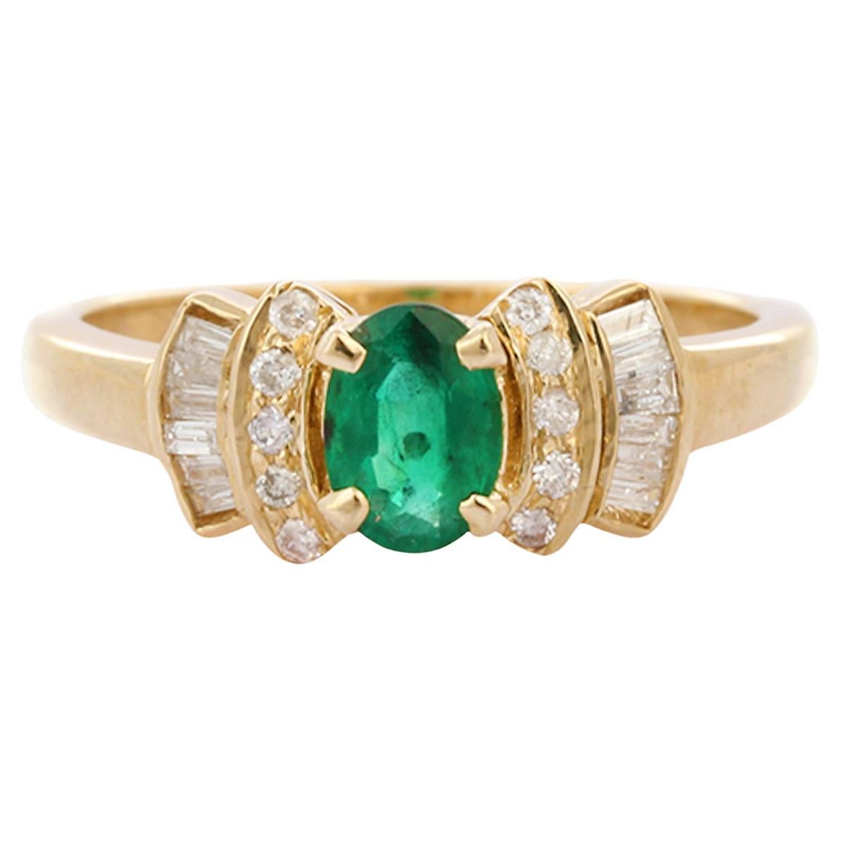 Bague de fiançailles en or jaune 14 carats avec émeraude vert vif et diamants pour elle 