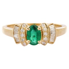 Vivid Green Emerald and Diamond Engagement Ring in 14K Yellow Gold for Her 