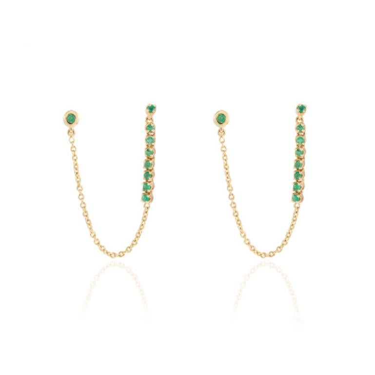 Modern Minimal Double Piercing Emerald Chain Earrings Crafted in 18k Yellow Gold For Sale