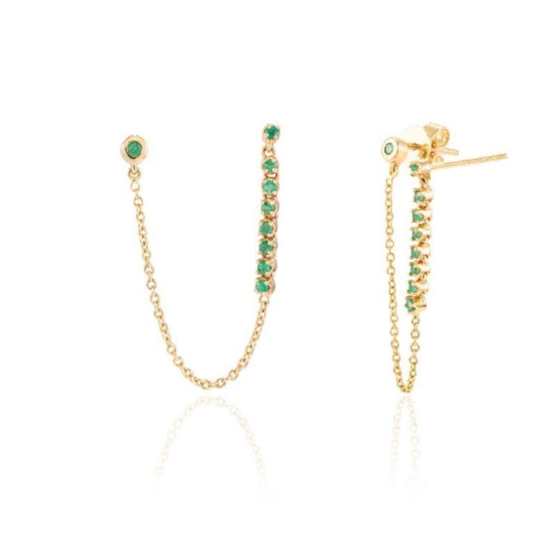 Women's Minimal Double Piercing Emerald Chain Earrings Crafted in 18k Yellow Gold For Sale