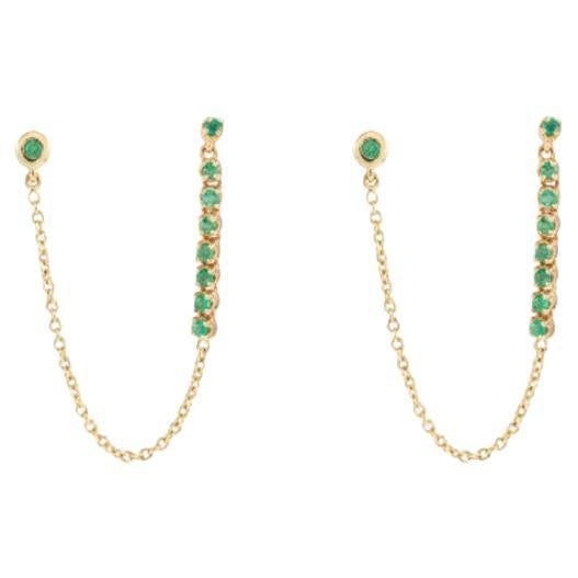 Minimal Double Piercing Emerald Chain Earrings Crafted in 18k Yellow Gold For Sale