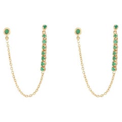 Minimal Double Piercing Emerald Chain Earrings Crafted in 18k Yellow Gold
