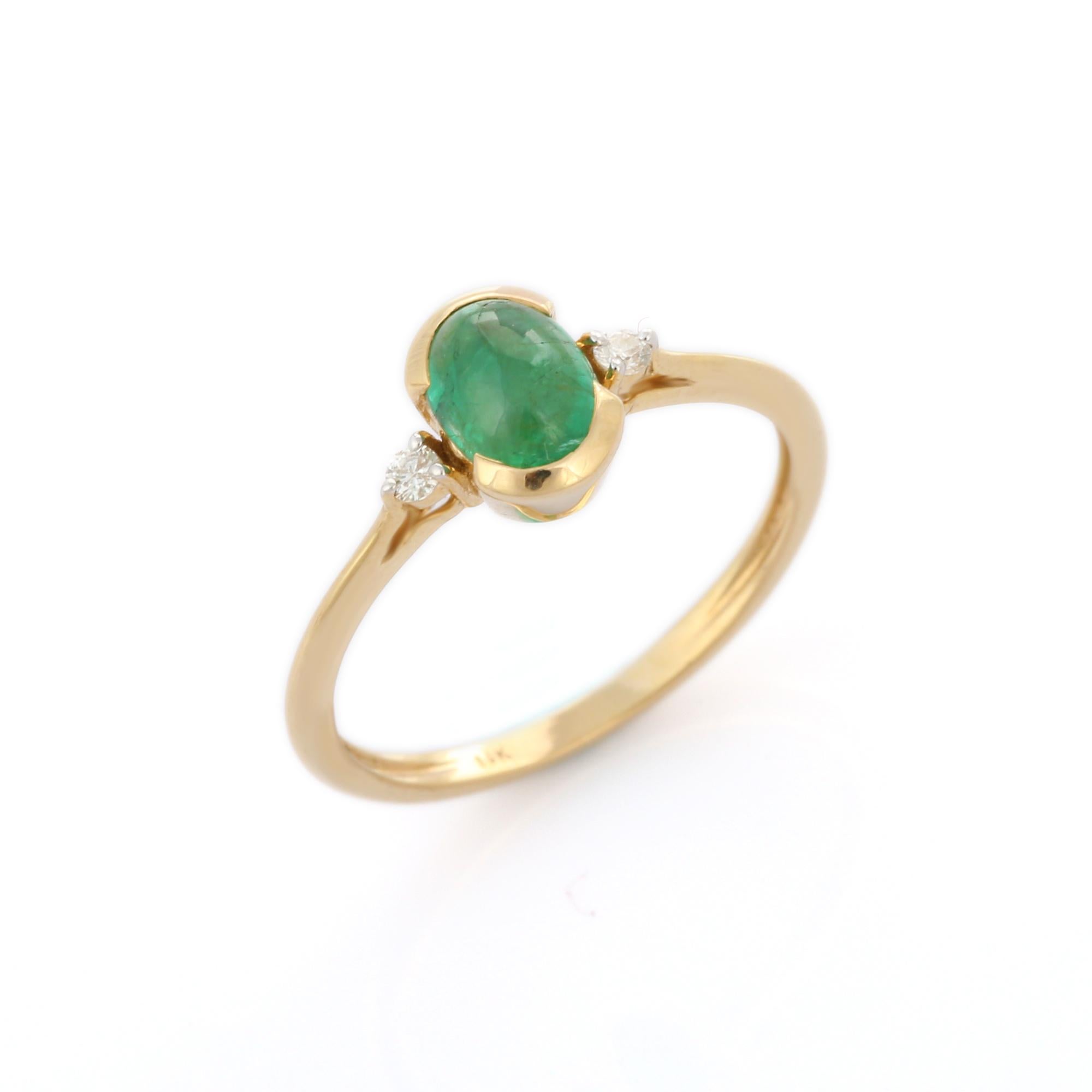 For Sale:  Oval Emerald and Diamond Three Stone Minimal Stackable Ring in 14K Yellow Gold  2