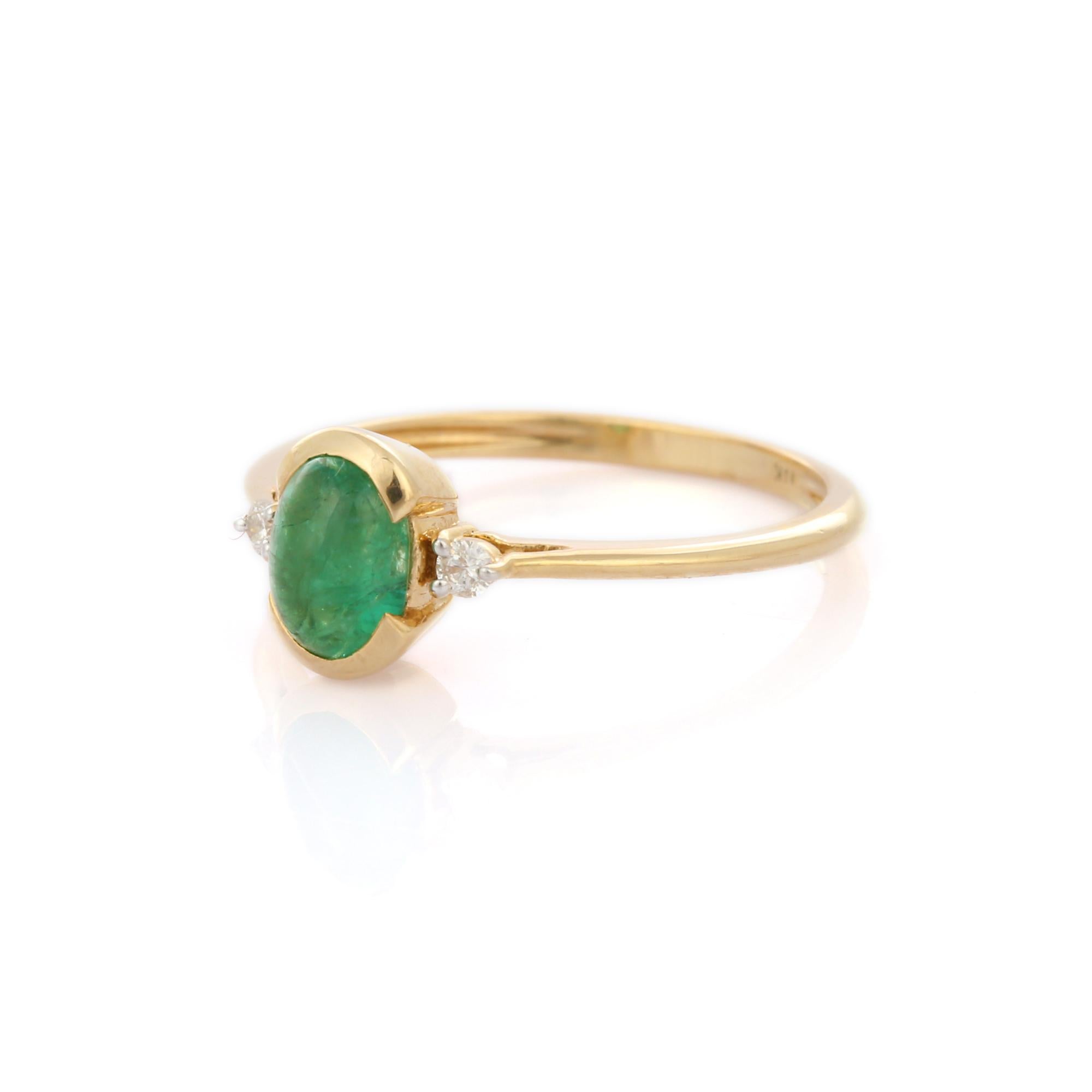 For Sale:  Oval Emerald and Diamond Three Stone Minimal Stackable Ring in 14K Yellow Gold  3