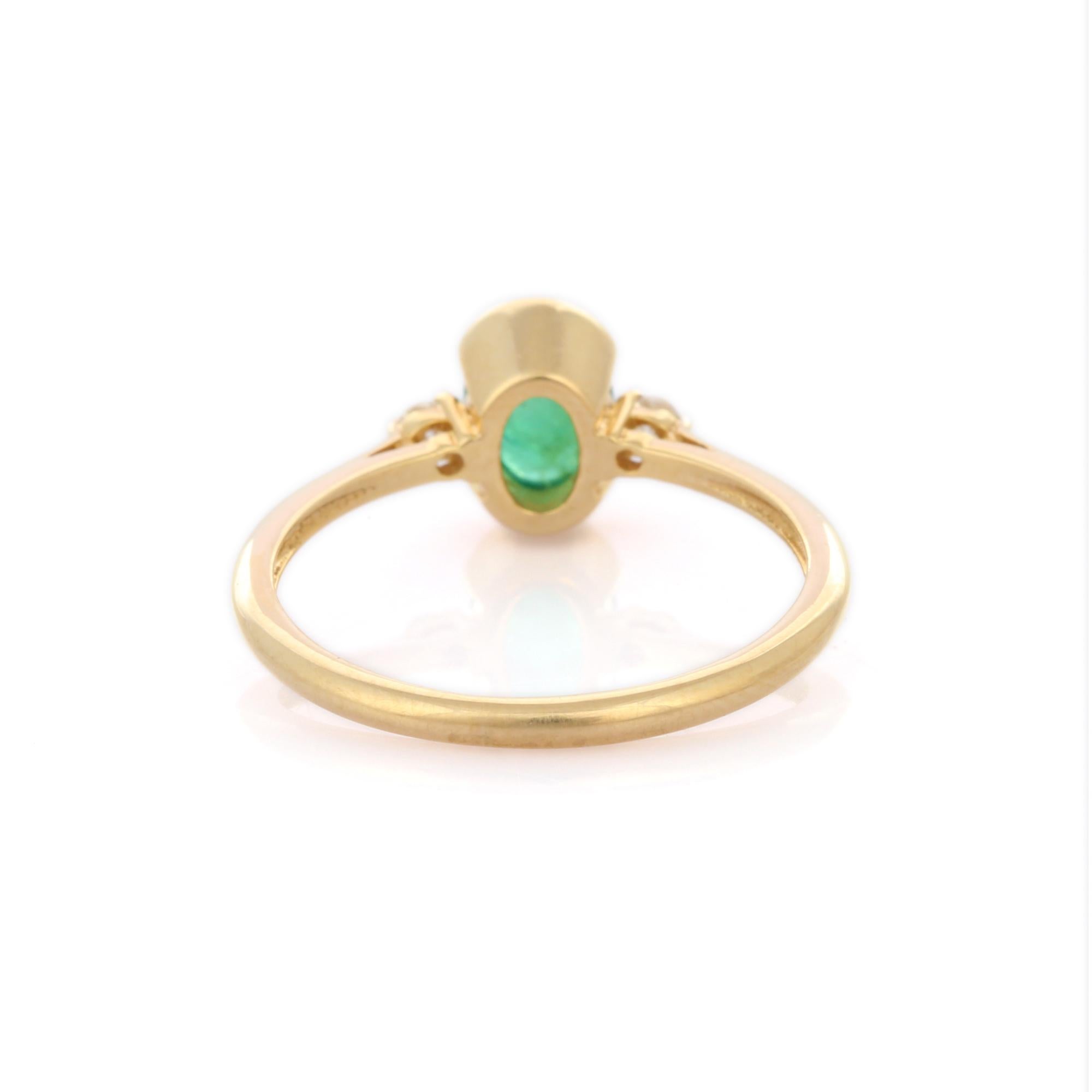 For Sale:  Oval Emerald and Diamond Three Stone Minimal Stackable Ring in 14K Yellow Gold  4