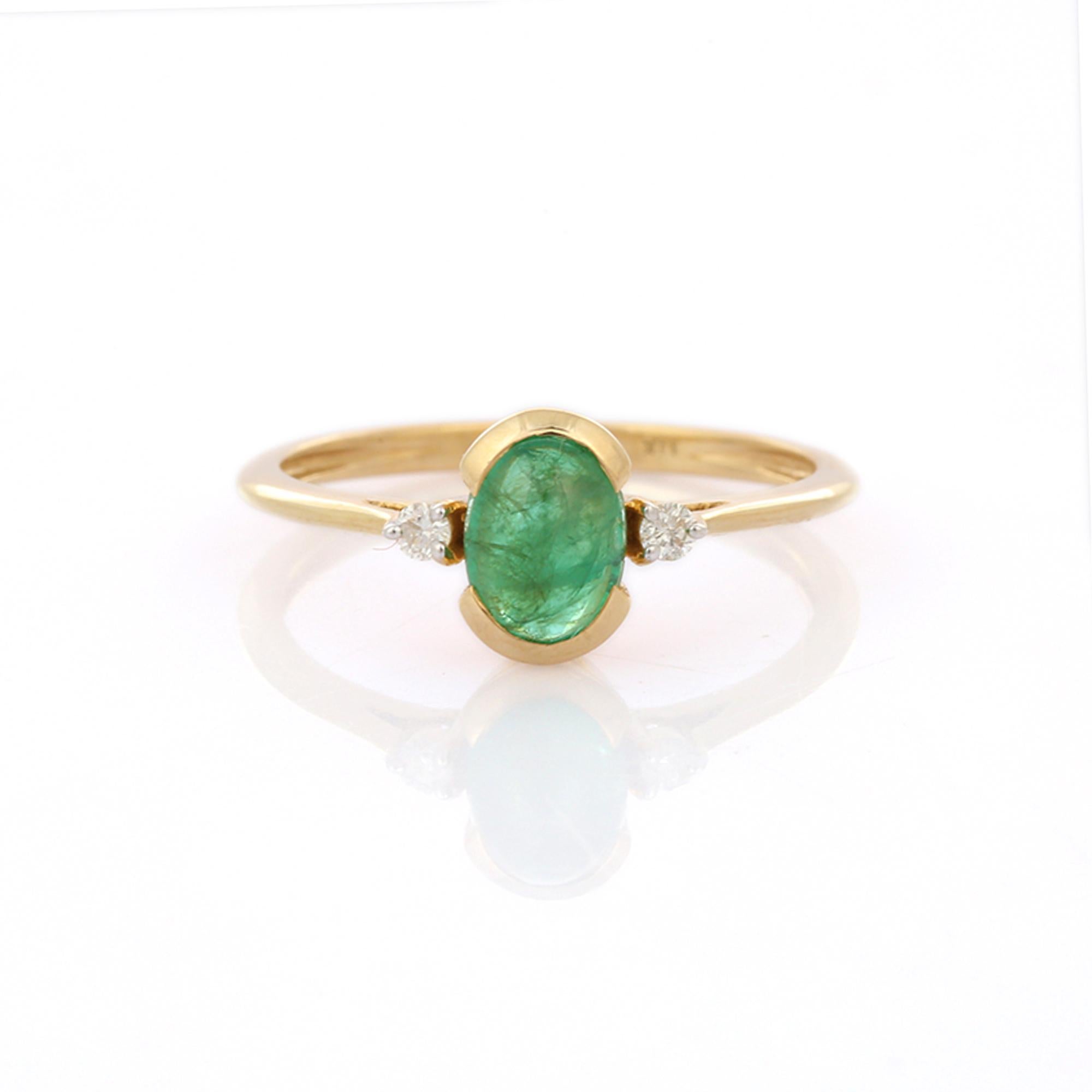 For Sale:  Oval Emerald and Diamond Three Stone Minimal Stackable Ring in 14K Yellow Gold  5