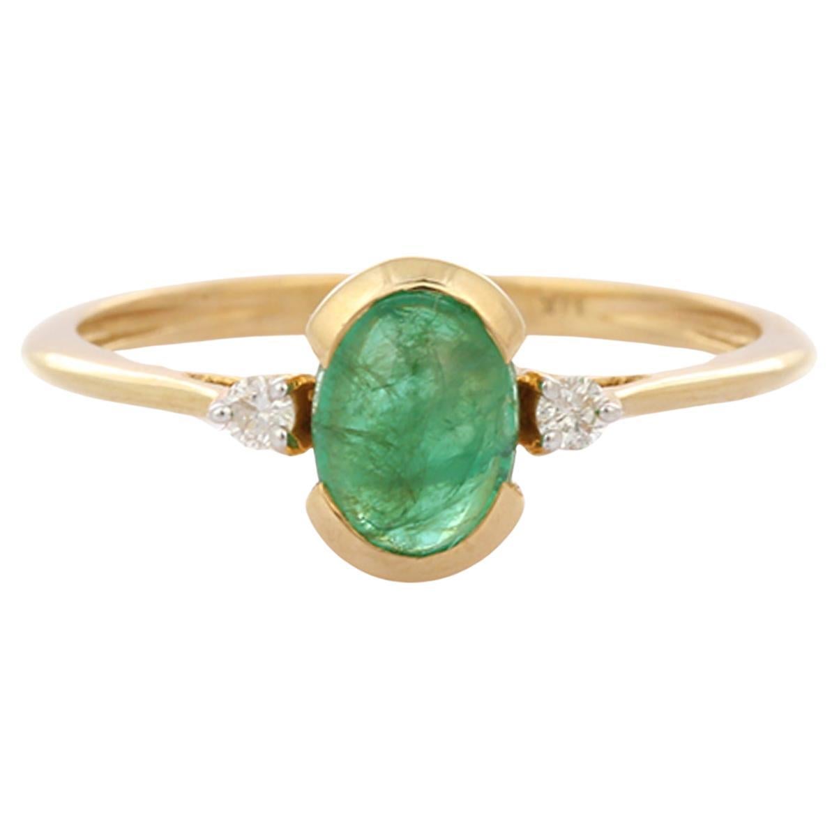 Oval Emerald and Diamond Three Stone Minimal Stackable Ring in 14K Yellow Gold 