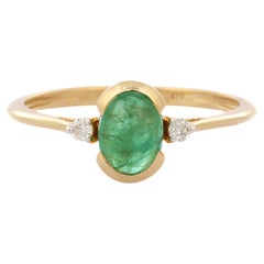 Oval Emerald and Diamond Three Stone Minimal Stackable Ring in 14K Yellow Gold