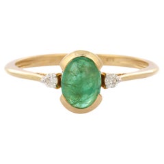 Oval Emerald and Diamond Three Stone Minimal Stackable Ring in 14K Yellow Gold 