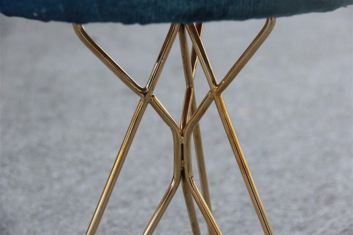 Contemporary Minimal Geometric Pair of Stools New Brass Velvet Blu Italian Design For Sale