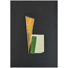 Minimal Green Gold Original Hand Crafted Collage Paper Brass Metal Mixed Media